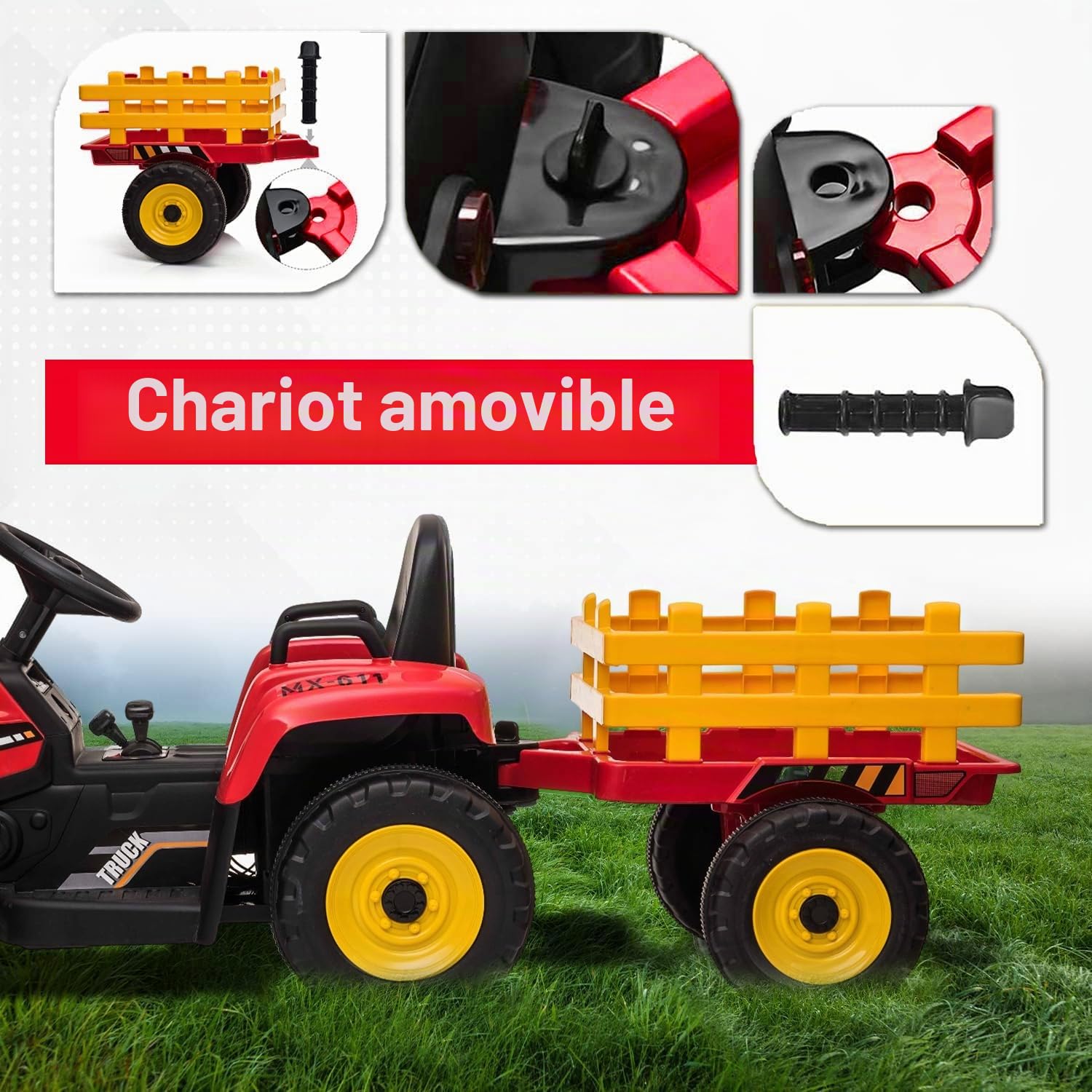 Tracteur électrique Workers avec remorque, Rouge, Traction arrière, Batterie au Lithium, Roues Plastique, siège Large, télécommande 2,4 GHz, Lecteur MP3 avec entrée USB +Bluetooth, lumières LED