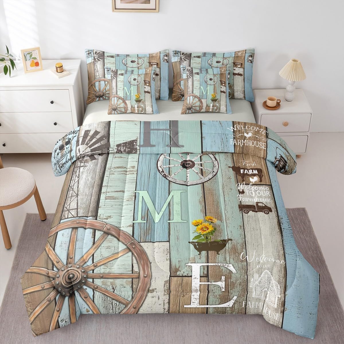 Erosebridal 7 Piece Farmhouse Bedding Country Rustic Cabin King Comforter Set with Sheets,Western Wooden Board Wheel Bed in A Bag for Kids Adults,Pastoral Planks Bed Sets Teal Brown Home Decor