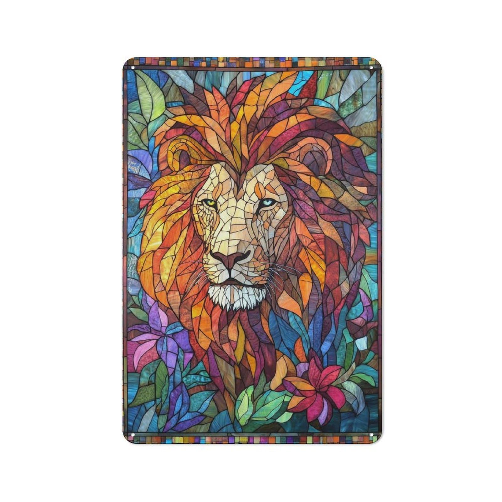 Junmoney Stained Glass Lion Tin Wall Plaque 30X20cm With For Studio Or Craft Room, Suited To Craft Room Decorators
