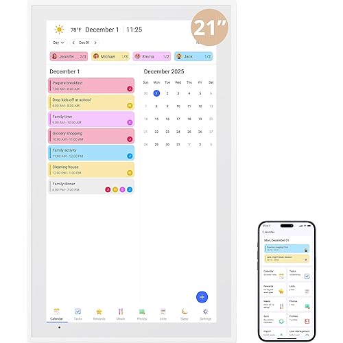 Dragon Touch Digital Calendar 21.5 Inch Touch Screen, Electronic Wall Calendar Chore Chart for Family Monthly/Weekly Planner, Interactive Display for Home Organization, Desk Mount Included - White