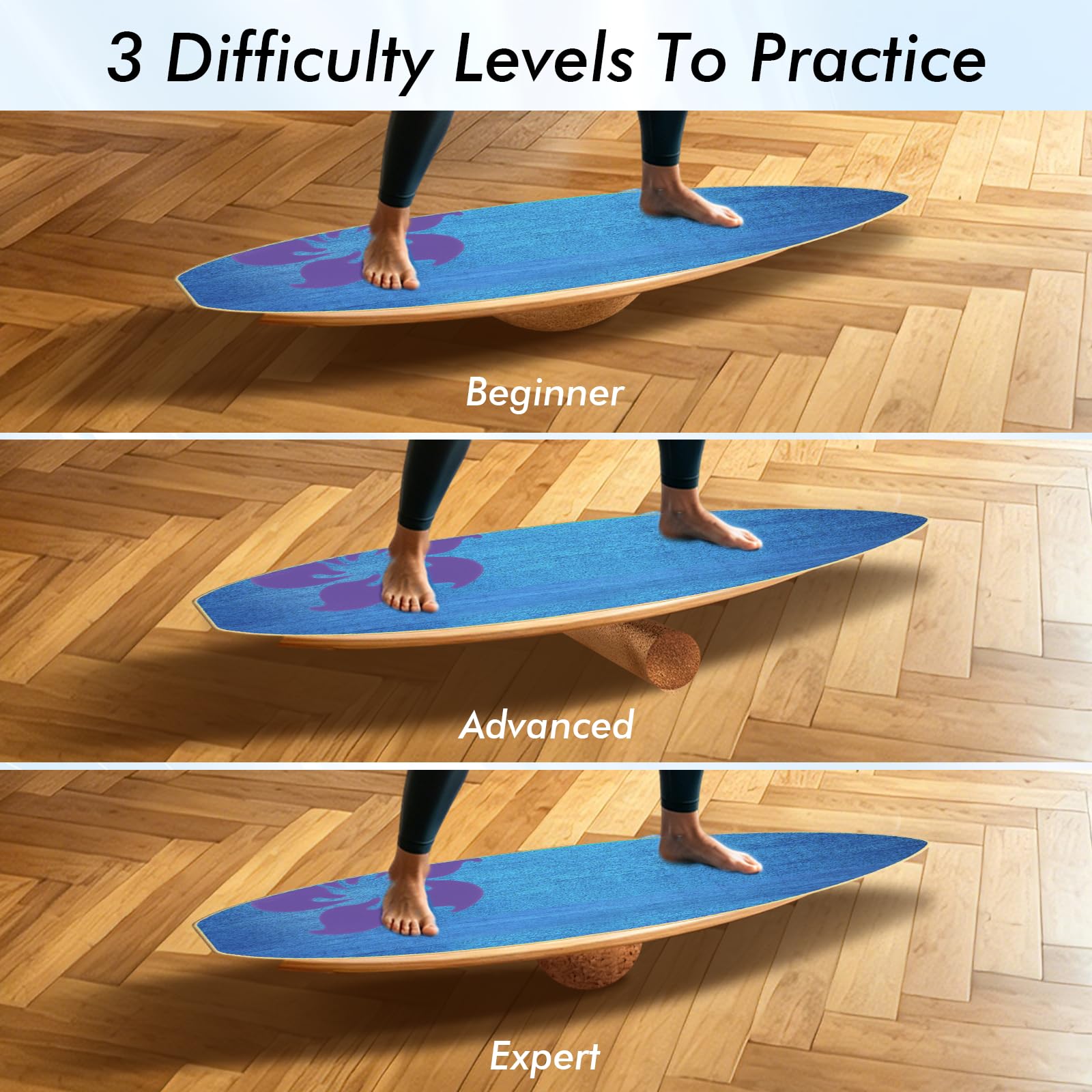 Balance Board Erwachsene, Surfing balance board aus Echtholz, Balance Trainer mit Rutschfester Gleichgewichtstrainer, Holz Balancebrett Set mit Korkrolle, Kork Halbkugel und Korkball