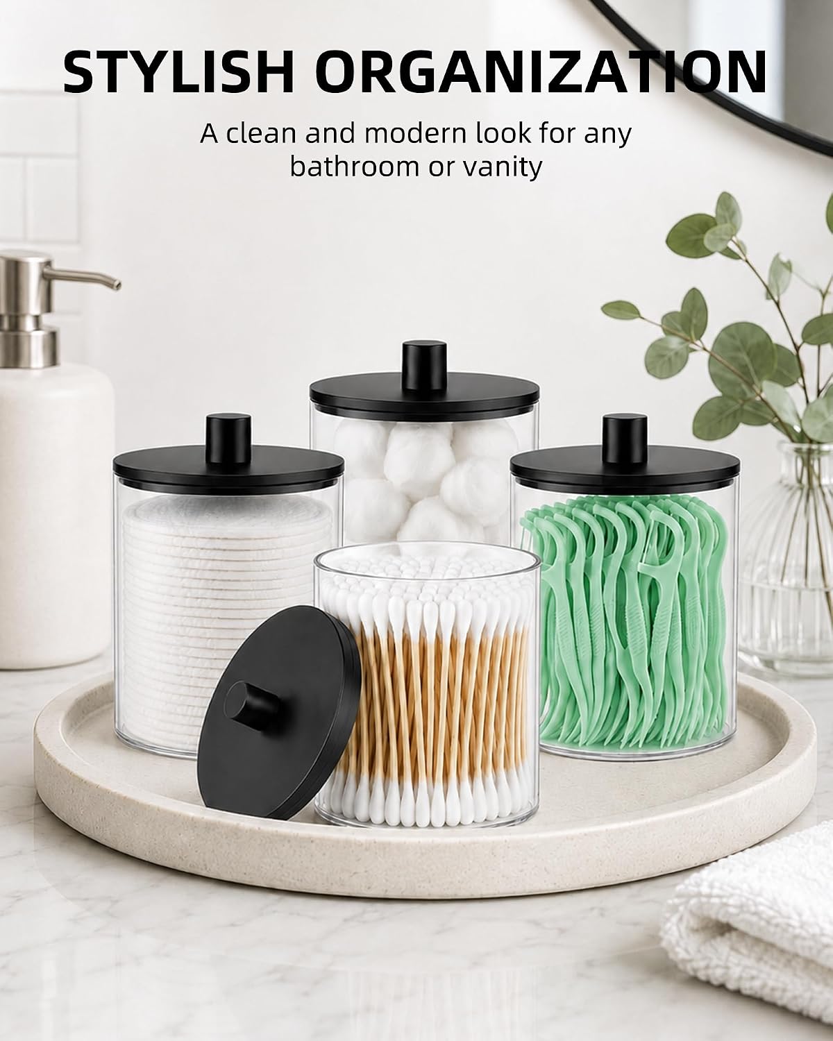 2 Pcs Acrylic Qtip Holder, Cotton Ball Holder Jars with Lids,Black