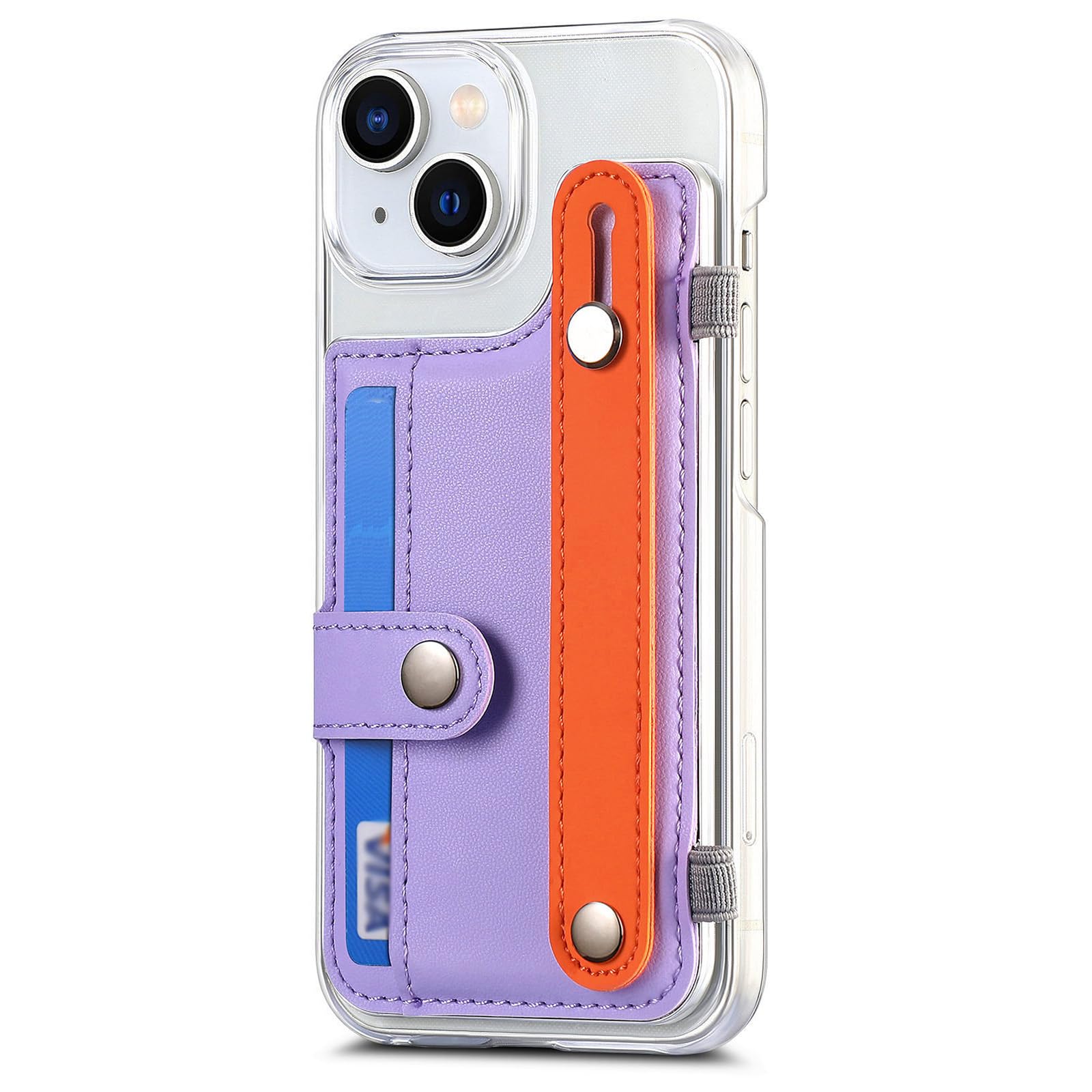 Skórzane etui do iPhone 15 Pro Max/15 Pro/15 Plus/15, stojak na nadgarstek, przezroczysta tylna obudowa, etui na karty, portfel, etui na telefon, fioletowy, 15Plus