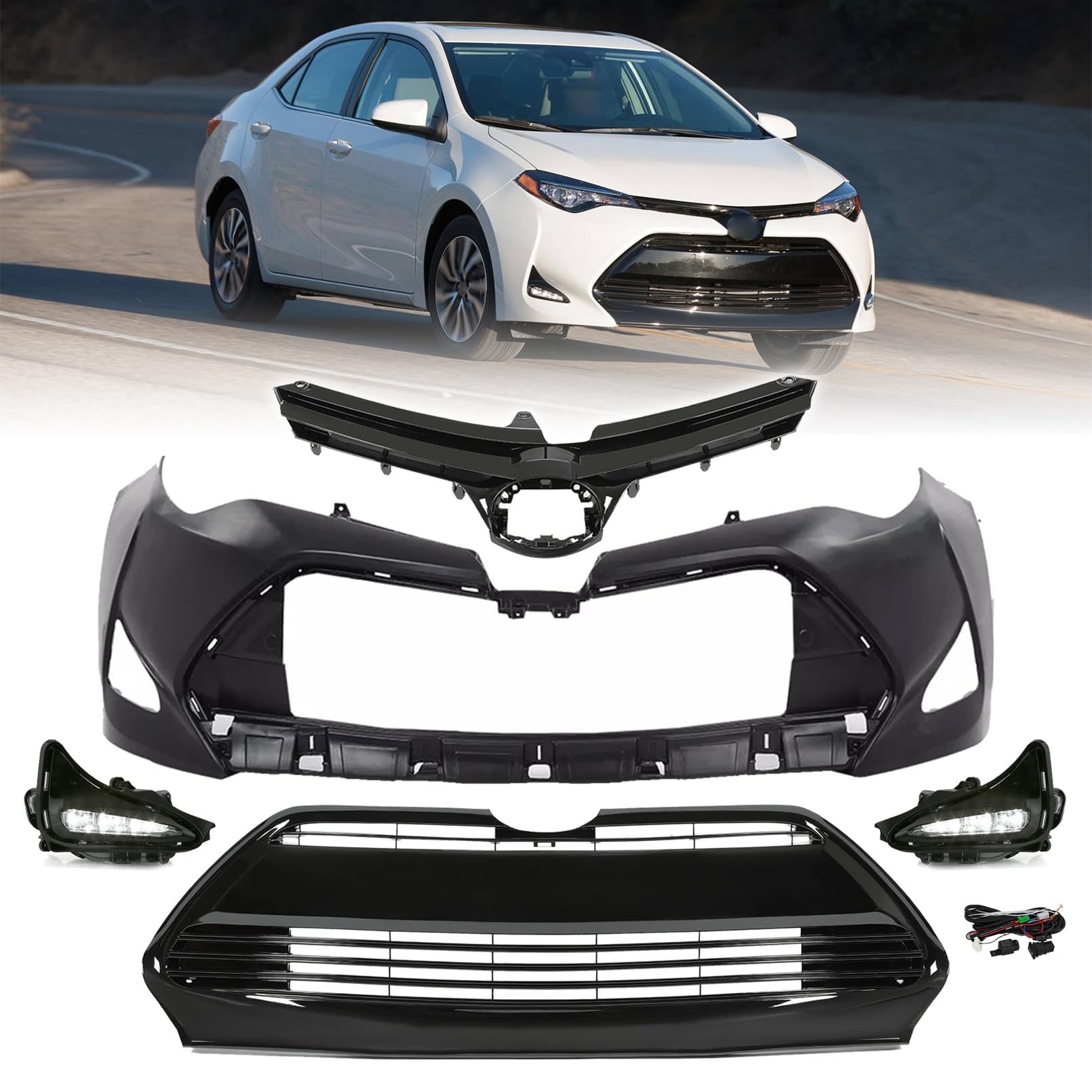 Front Upper & Lower Bumper Grille & Front Bumper Cover & Fog Lights Set Fit For 2017 2018 2019 Toyota Corolla LE XLE CE Front Body Bumper Kit