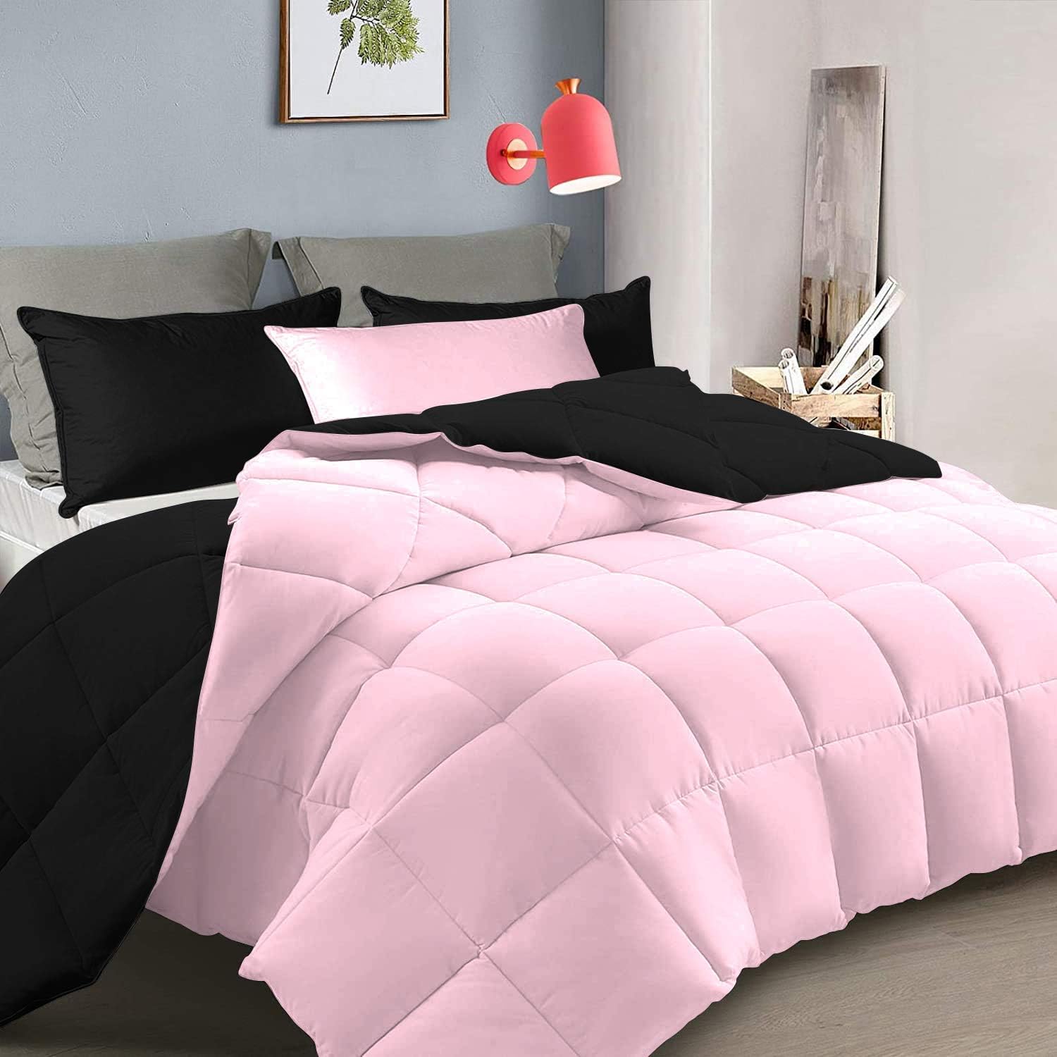 Pink & Black Reversible Down Comforter Set 1000 TC 3 Piece Egyptian Cotton 500 GSM Comforter Set (Comforter + 2 Pillowcases) Queen