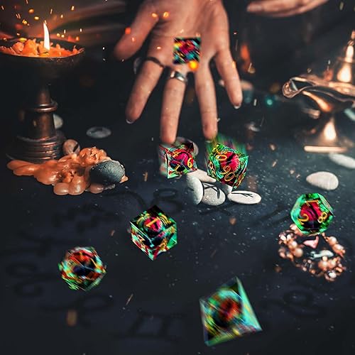 Miniatura 4 de DND - Juego de dados DND de resina de 7 piezas, borde afilado con ojo de dragón animado impulsado por la gravedad, dados poliédricos para juegos de