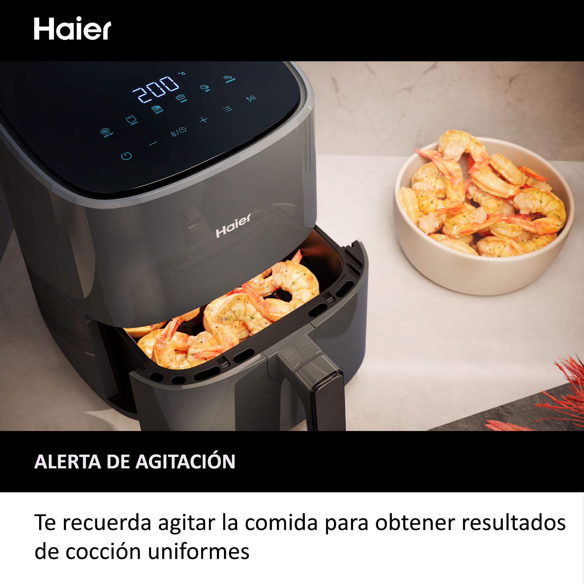 HAIER Freidora de Aire sin Aceite de 5L, Pantalla Táctil, 6 en 1, Air Fryer, Hornear, Asar, Parilla, Deshidratar, Descongelar, para 4 Personas