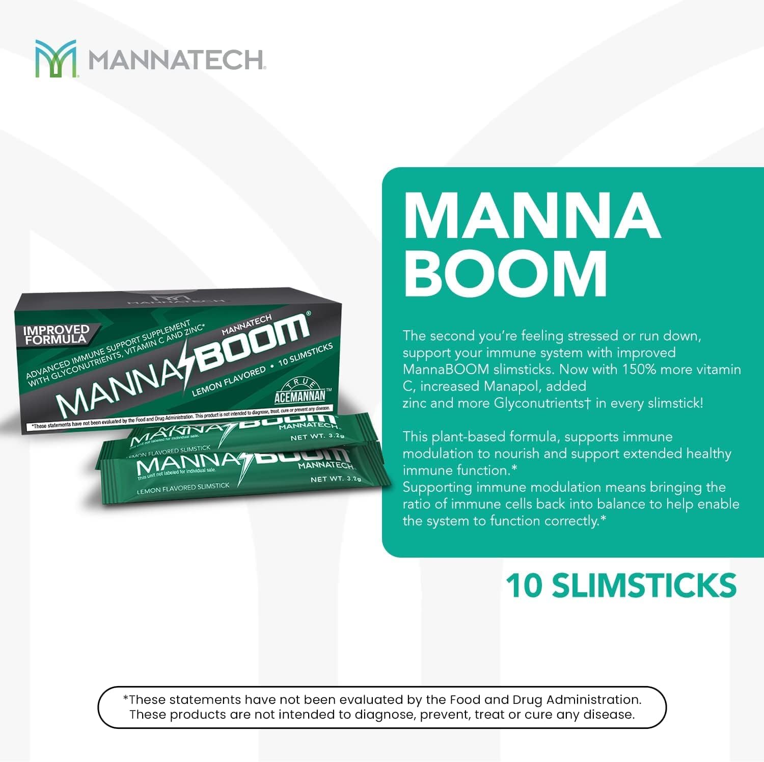 Mannatech Advanced Immune Support Supplement - 150% More Vitamin C, Increased Manapol, Zinc & Glyconutrients for Immunity in MannaBOOM, 10 Slimsticks