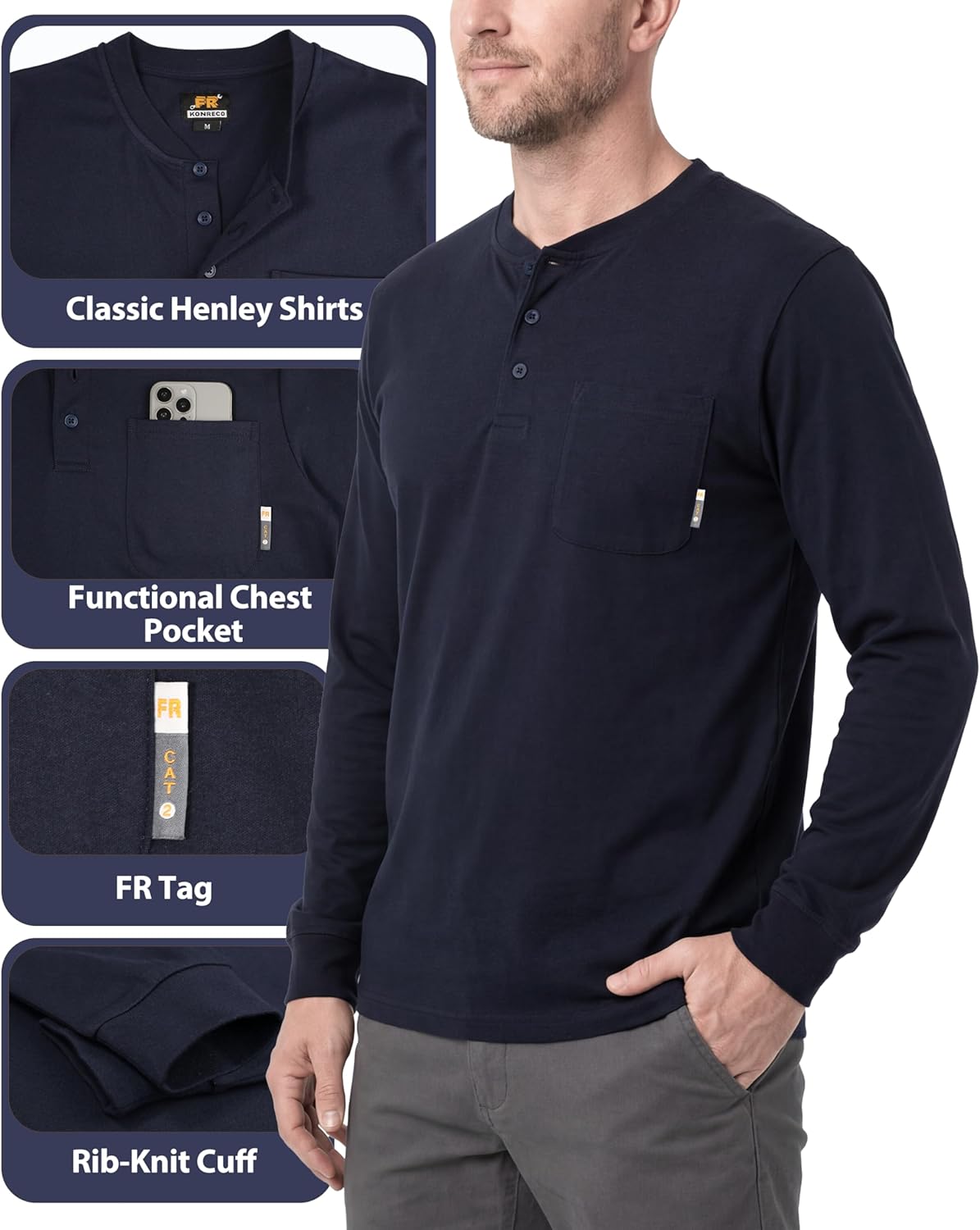 KONRECO FR Shirts for Summer Flame Resistant Shirt 5.5oz Light Weight CAT2 Henley Shirts - Image 5