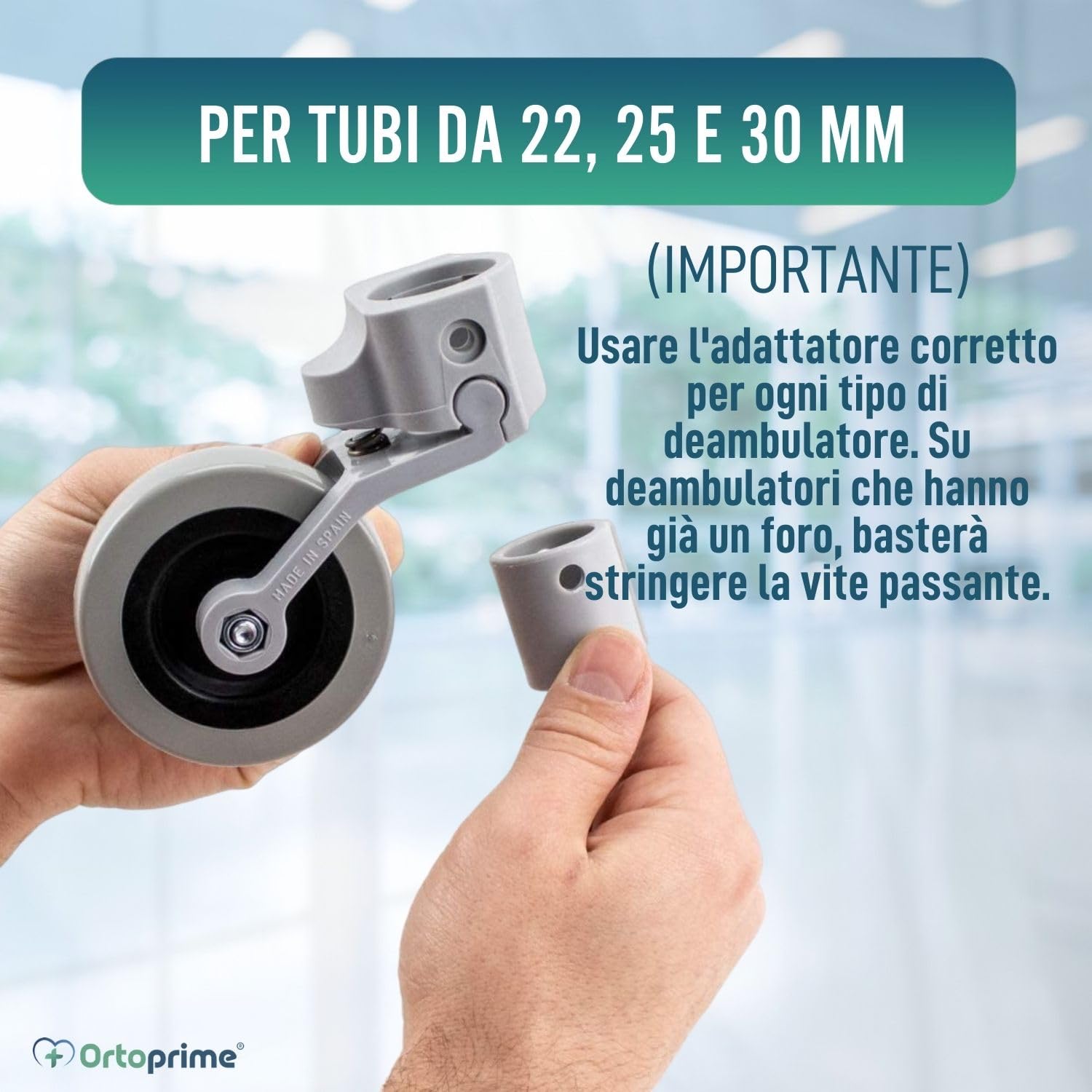 OrtoPrime ruote per carrello - ruote per deambulatore per Anziani - Ricambio Ruote Adattabili a Girello per Anziani - Ruote Deambulatore per tubi da 30 mm 25 mm e 22 mm - Facile Installazione.