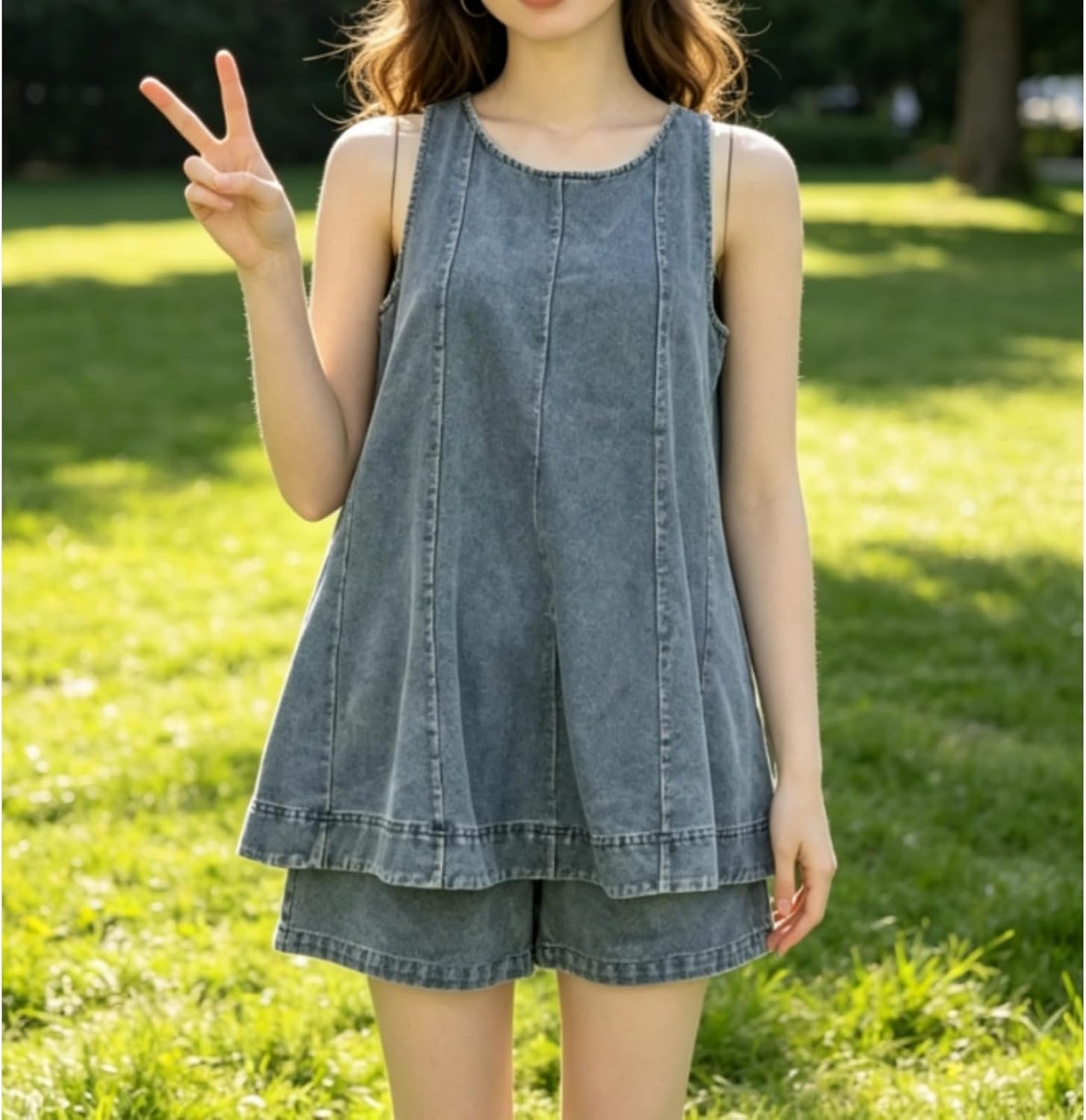 Women's Denim Two Piece Outfit Set Sleeveless Flared Tank Top And High Waisted Shorts Two Piece Outfit Jean Set