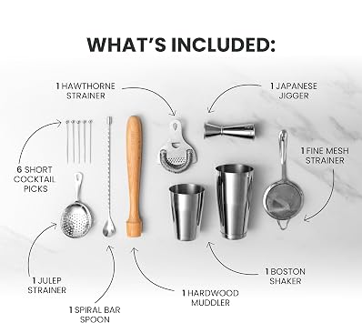 A Bar Above Stainless Steel Bartender Kit, Craft Bar Tool Set, 14 Piece | Barware Bundle for Home Bars and Mixologists, Includes Shaker, Jigger, Spoon, Strainers, Muddler, Picks, Bar Cart, Great Pick