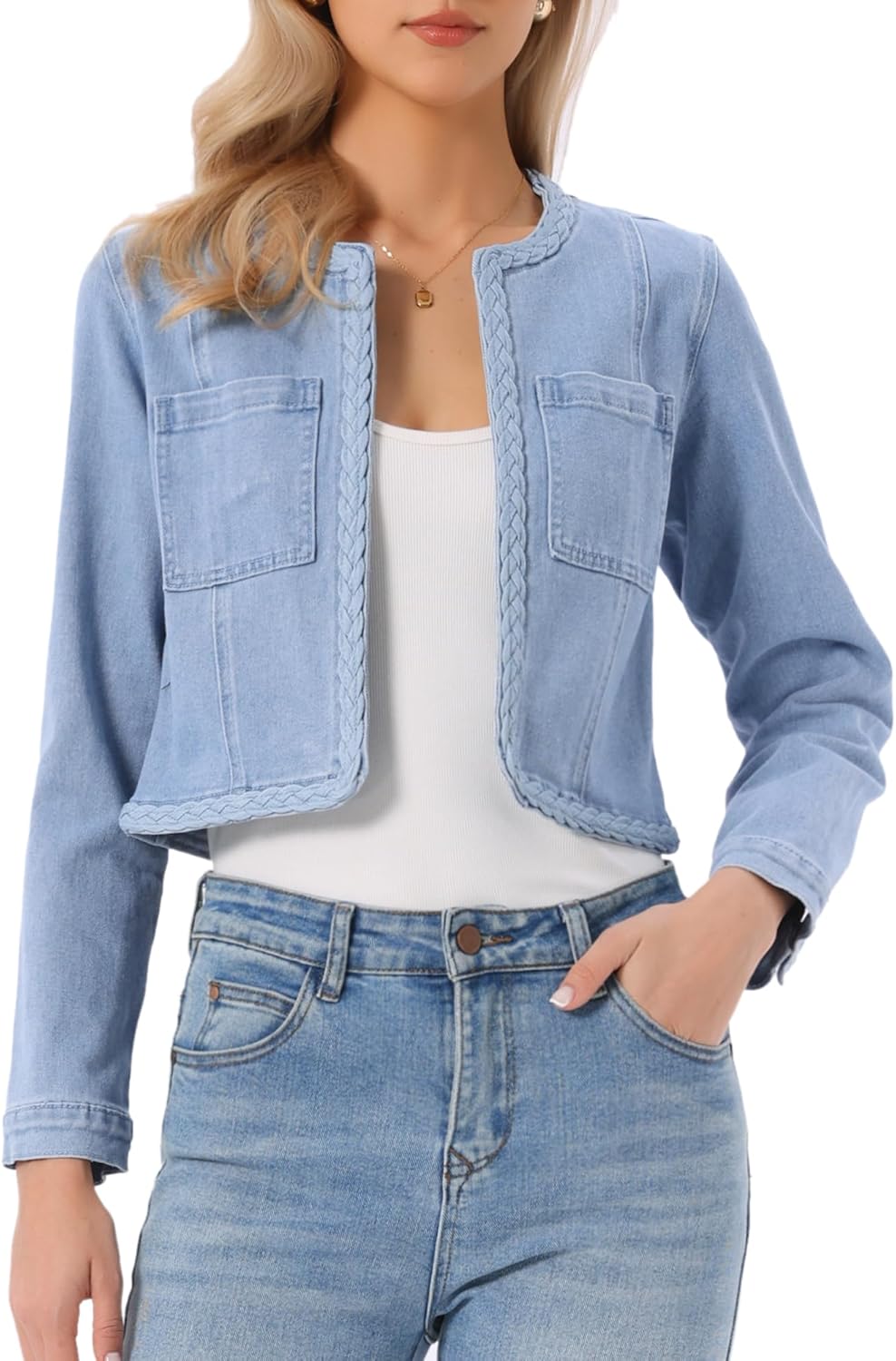 Allegra K Denim Jacket for Women Collarless Long Sleeve Open Front Cropped Jean Jackets