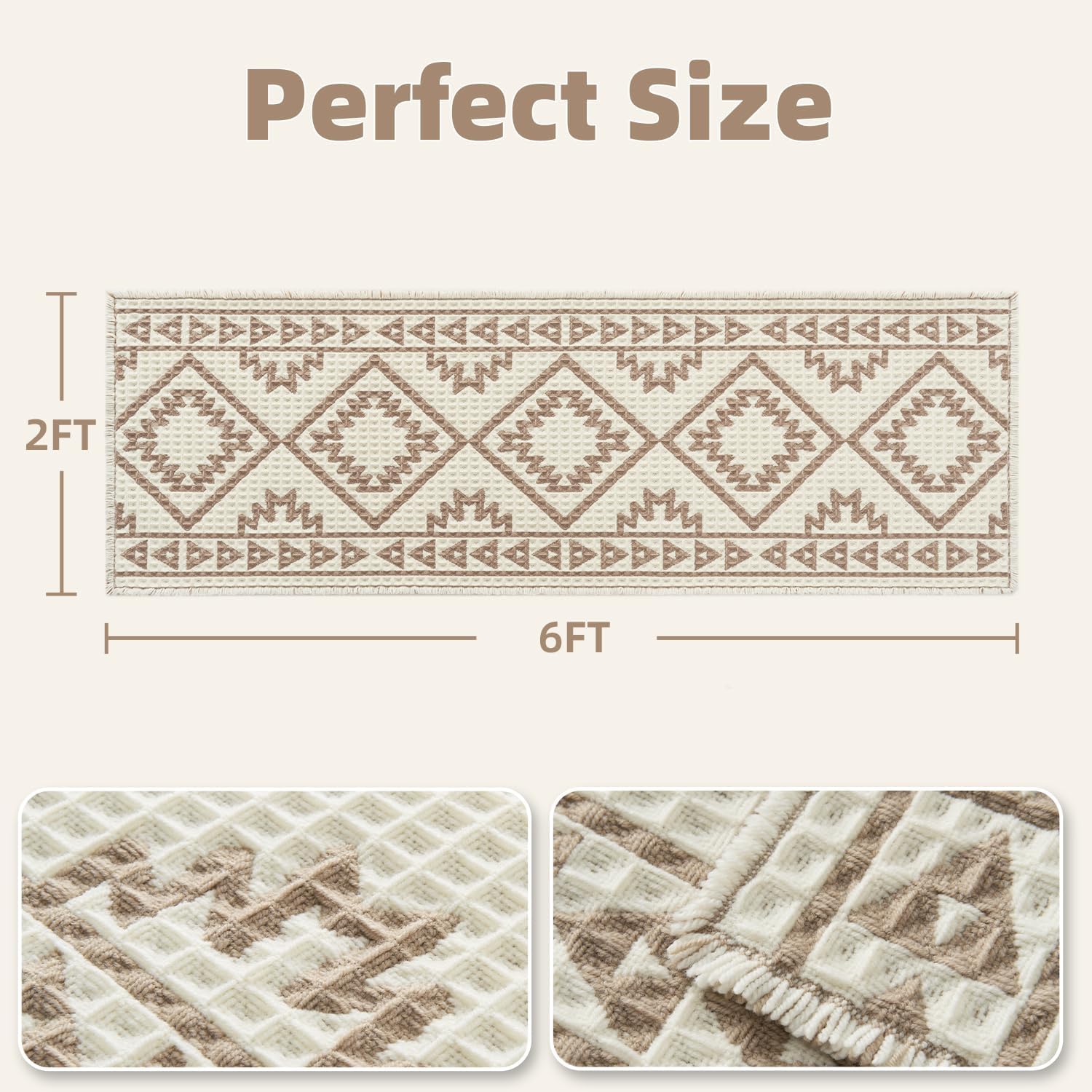 PADOOR-Waffle Bathroom Runner 24"x72", Super Absorbent Bath Mats for Bathroom, Machine Washable Non Slip Bath Rug with Tassels, Soft Bath Mat for Laundry Room, Bedroom, Cream & Brown, 2'x 6'