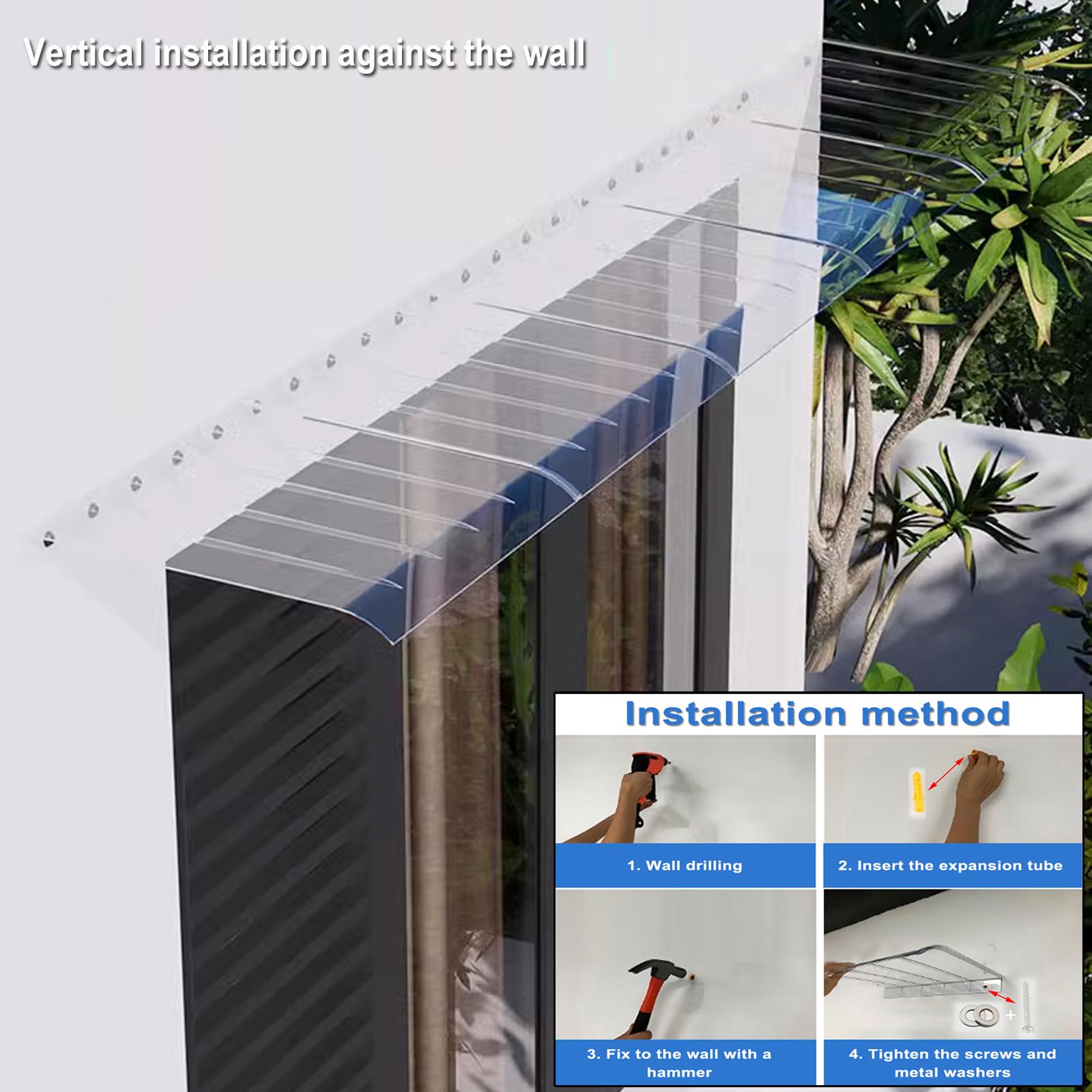 Marquesina Invisible para Puerta,Transparente Toldo Cubierta de Policarbonato,Tejadillo Puerta para Exteriores Insonorizadas,Tejadillo de Protección,con Herrajes (Facade,50x50cm/20 x20)
