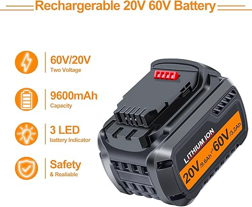 Miniatura 2 de DTK Batería de repuesto para Dewalt 60V DCB609 DCB606 DCB612 Compatible con baterías Dewalt 20v 9.6Ah, 60v 3.2Ah 192Wh 2 paquetes