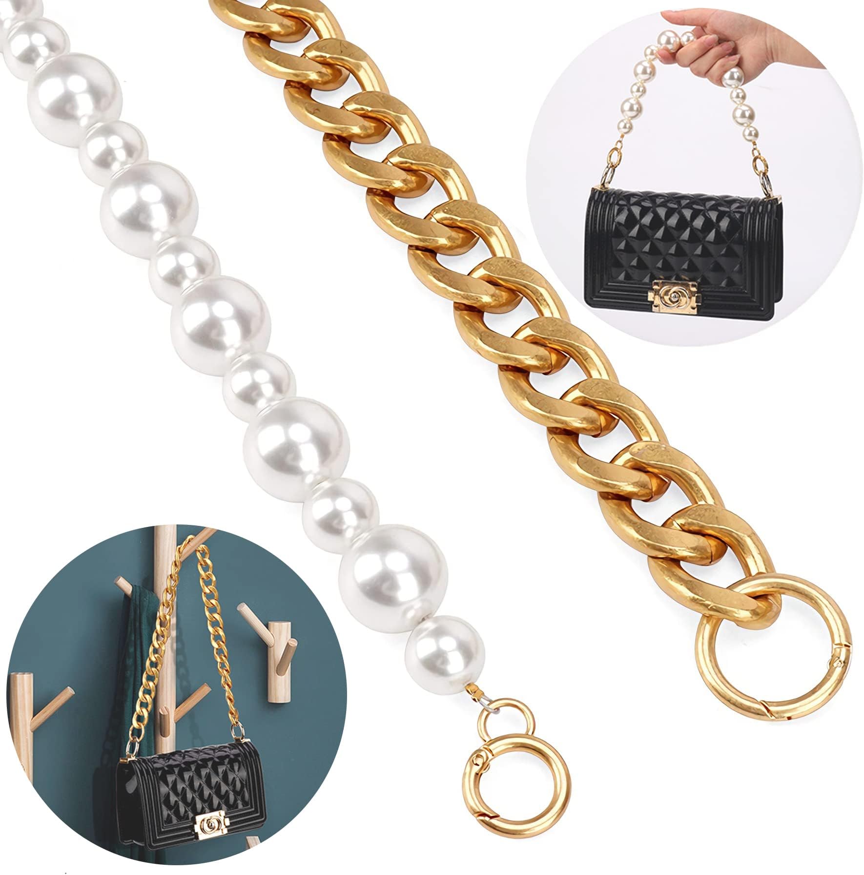KASTWAVE Purse Replacement Chains, heavy chain, DIY Heavy Chunky Aluminum Metal Chain &Imitation Pearl Bead Purse Strap Handbag Chain Accessories DIY Chain Strap Handbag Chains for Bag (2Pcs)
