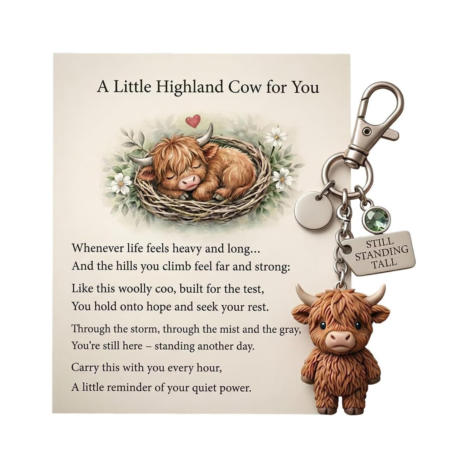 Ysinobear Unisex A Highland Cow Keychain, Highland Cow Keyring, Little Highland Cow For You Keychain,Daily Reminder Of Quiet Strength,Cute 3D Resin Tiny Cow Keychainwith Birthstone & Sentiment Card For Friends (A)