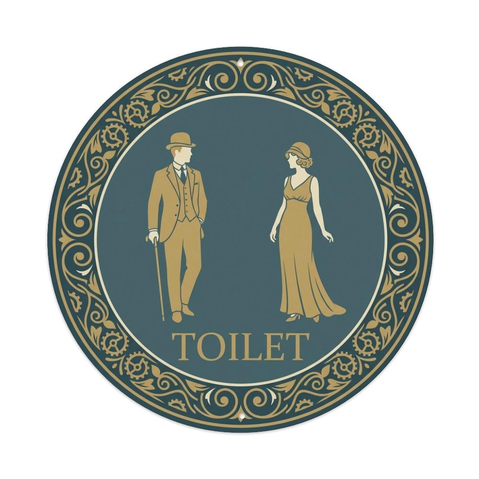Teal Gold Floral Deco Restroom Notice Toilet Metal Tin Sign