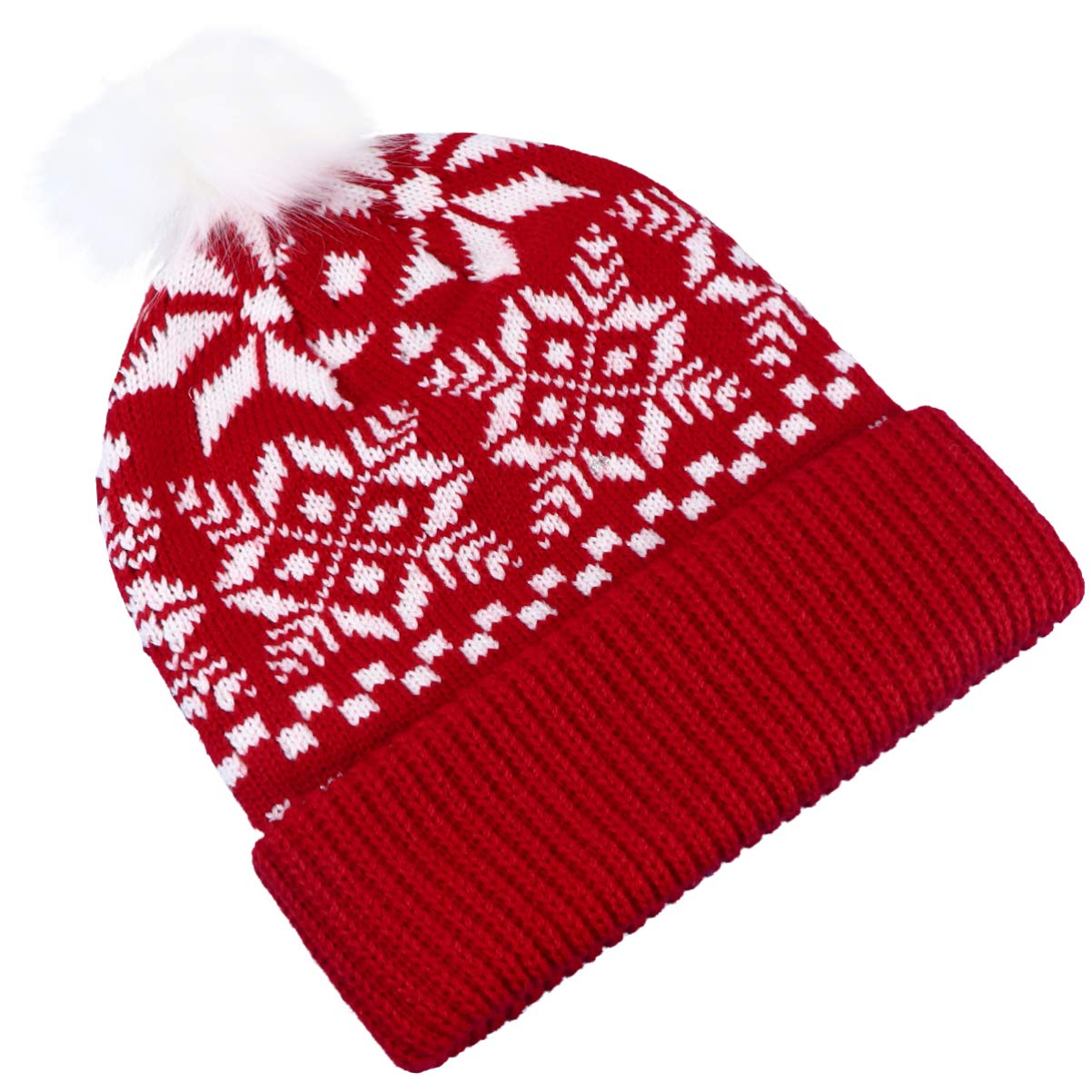 BESPORTBLEBESPORTBLE Christmas Knitted Beanie Snowflakes Pattern Warm Winter Hat Cap with Pompom for Women and Red