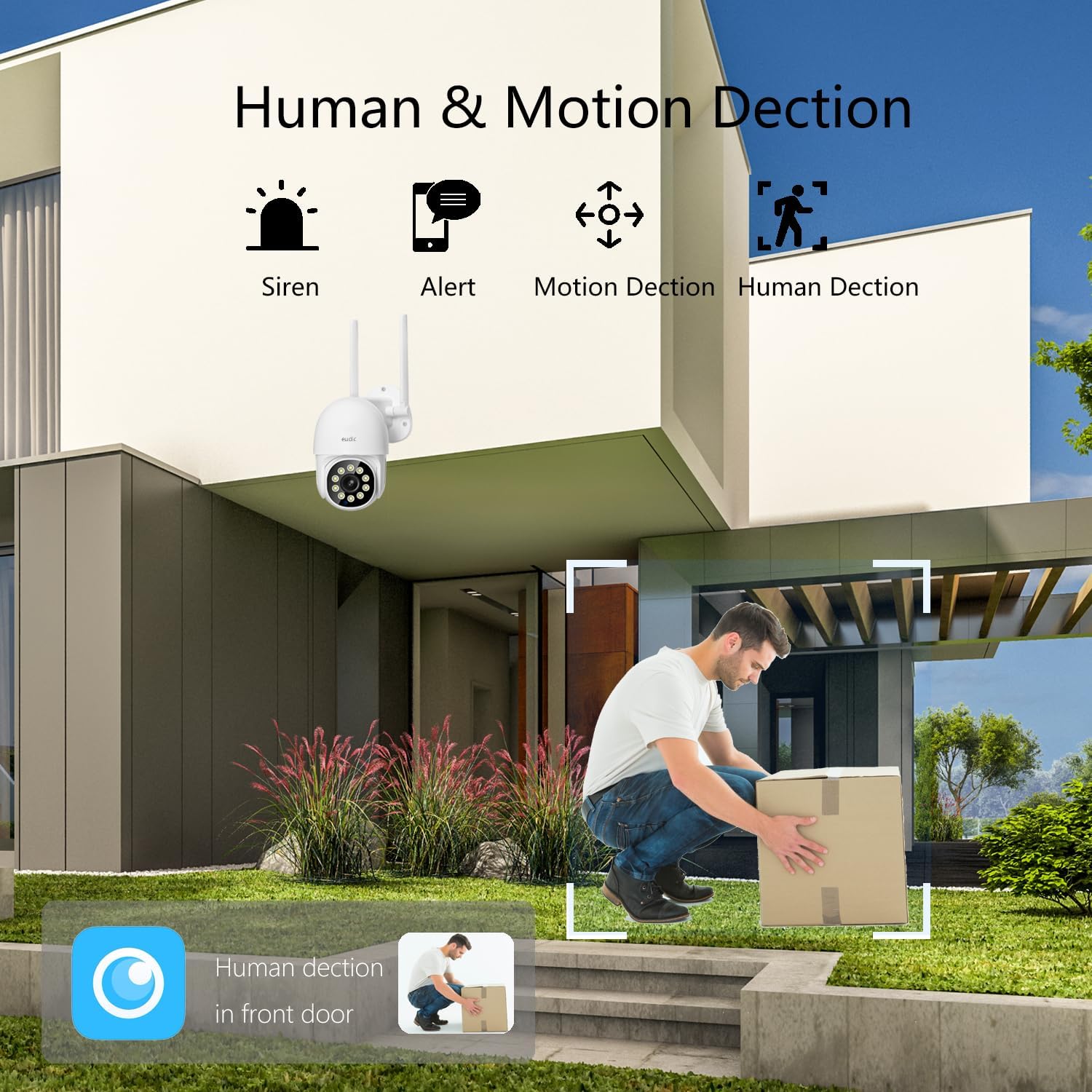 Human and motion detection features with siren and alert icons