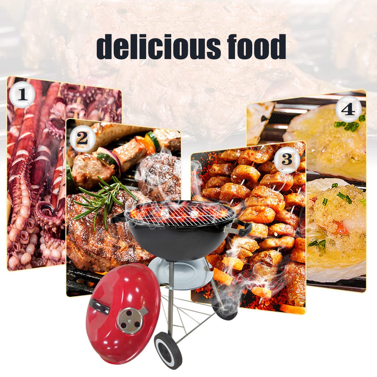 Barbecue Rotondo a Carbonella, 17" BBQ Carbonella Portatile per Giardino, Griglia a Sfera con Acciaio Cromato, Contenitore Carbonella Smaltato, Coperchio, 2 Ruote, 45cm X 19cm X 45cm