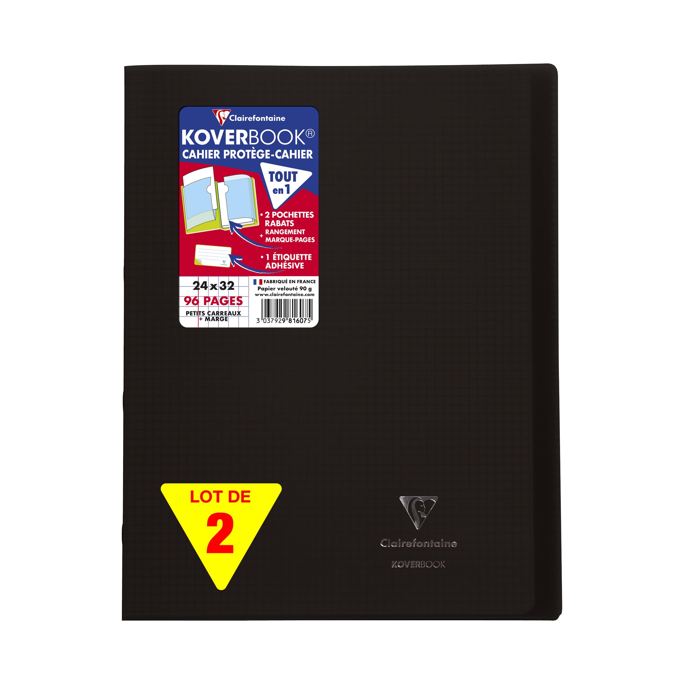 Clairefontaine 981607AMZC - Set of Black Koverbook Stapled Notebooks - 24x32 cm - 96 Small Square Pages with Margin - White Paper 90 g - Polypro Cover