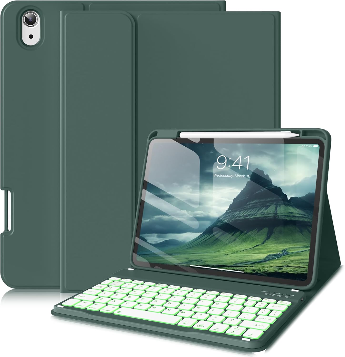 for iPad (A16) 11th 10th Generation Case with Keyboard - 7 Colors Backlit Wireless Detachable Folio Keyboard Cover with Pencil Holder for iPad 11/10.9 inch 2025/2022 (3-Dark Green)