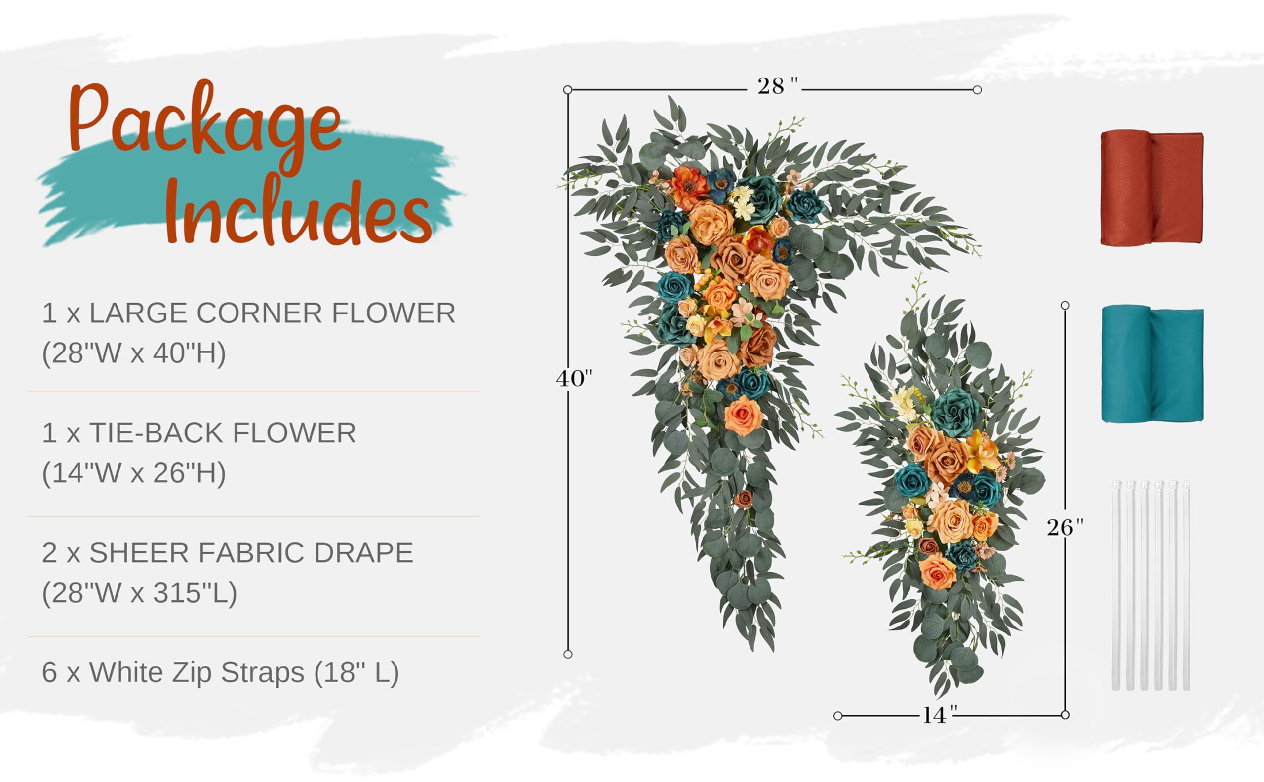 Hochzeitsbogen Blumen mit Vorhängen-Set (4 Stück) – 2 Stück künstliche blaugrüne orange Herbst-Deluxe-Girlande mit 2 durchsichtigen Vorhängen für Hochzeitszeremonie, Laube, Empfang