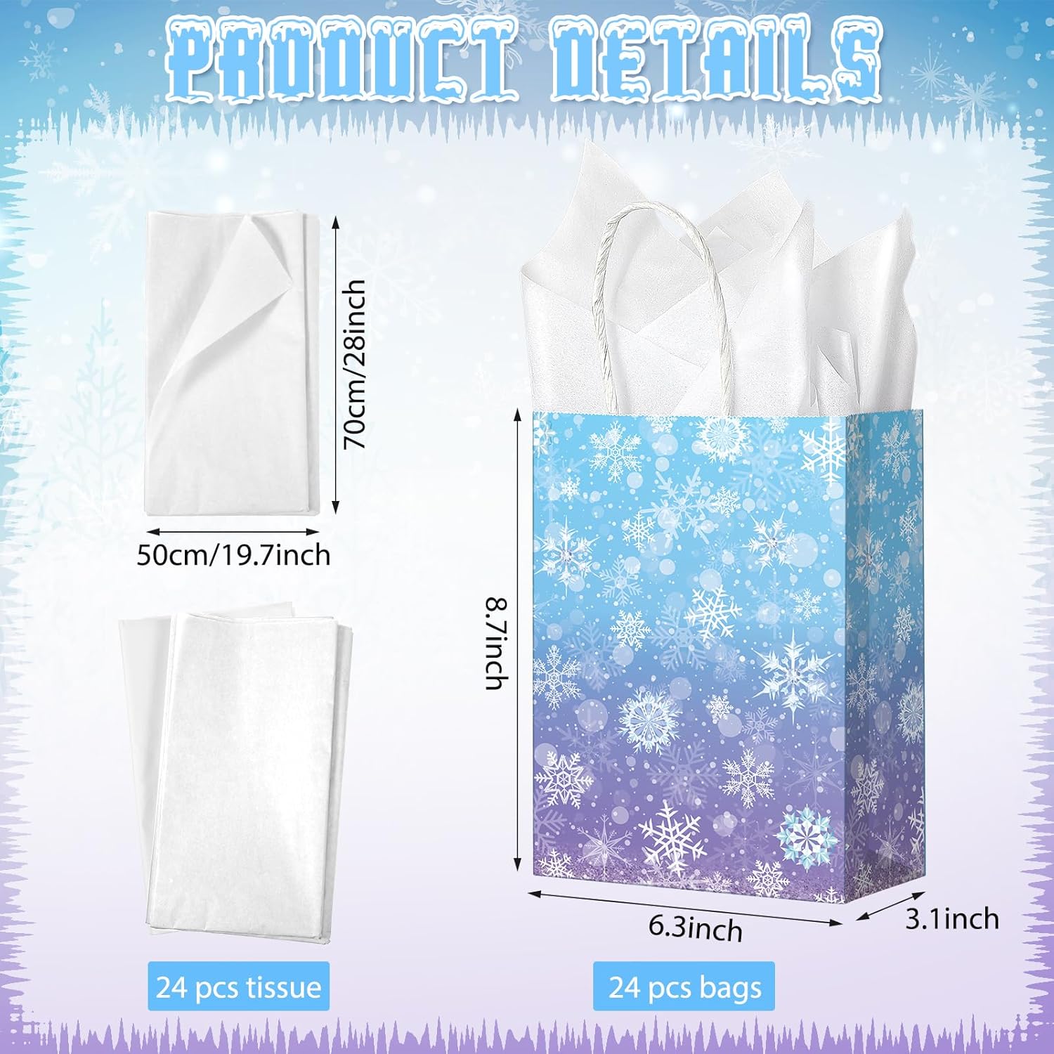 24 Pcs Winter Snowflake Gift Bags, Blue and Purple Snowflake Goodie Bags Bulk with 24 Tissue Paper, Holiday Kraft Paper Party Favor Bags with Handles for Birthday Christmas Winter Wonderland - Image 2