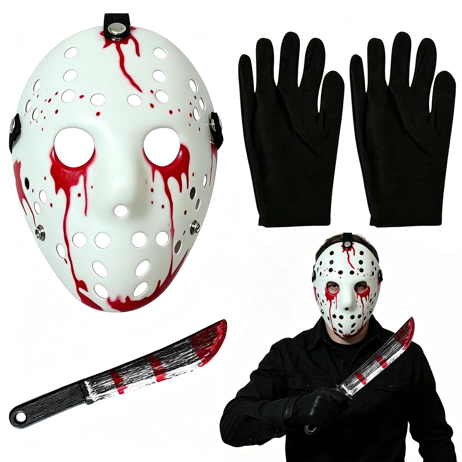 KDFSSIPE Horror Mask Set 3Pcs Halloween Fancy Dress Mask with Gloves & Prop