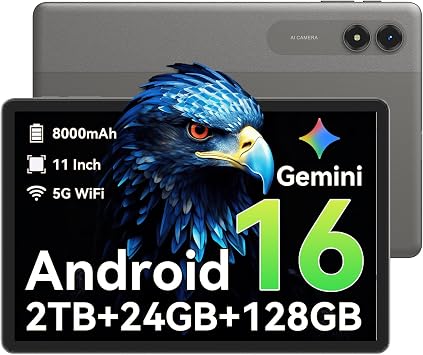 TABWEE Android Tablet 11 Inch, Android 16 Tablet with Gemini AI, 6GB RAM + 18GB Virtual Memory, 128GB Storage, 8000mAh Battery, 90Hz Display, WiFi Tablet for Streaming, Study and Travel, Gray