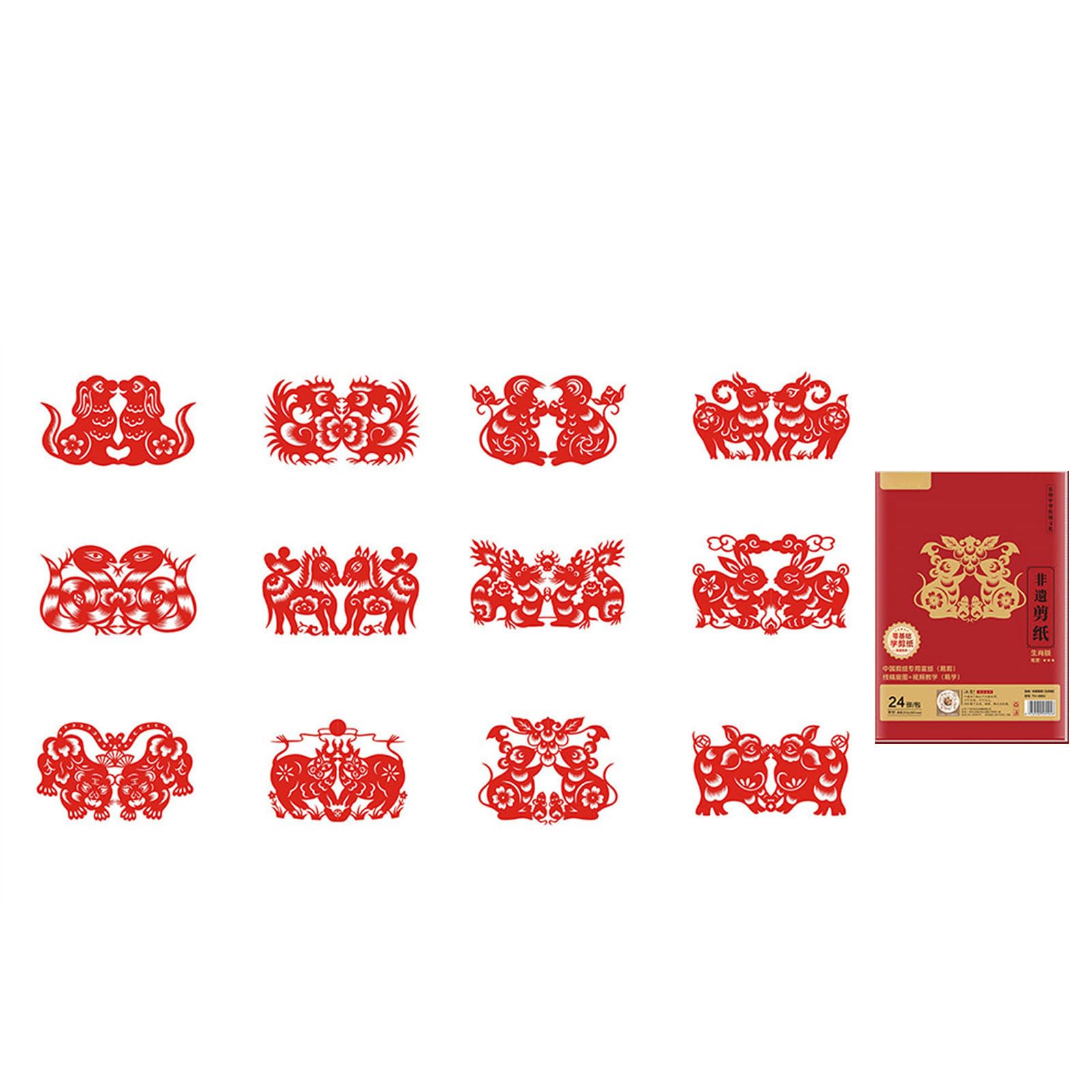 24Pcs Paper Cuttings Window Clings with Video Tutorial for Kid Adult Art Craft Chinese New Year Decoration Holiday Party Paper Ornaments