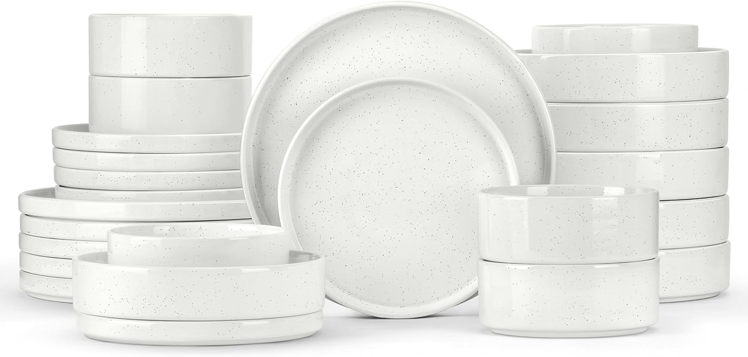 Herogo 24 Piece Dinnerware Sets with Pasta Bowls for 6, Dinner Salad Plates and Cereal Serving Bowls, Stoneware Dishes Dinner Ware for Kitchen Dinning, Dishwasher & Microwave Safe, Speckled White