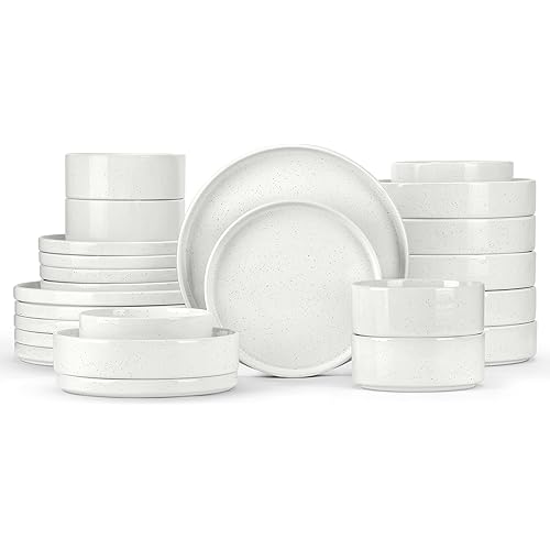 Herogo 24 Piece Dinnerware Sets with Pasta Bowls for 6, Dinner Salad Plates and Cereal Serving Bowls, Stoneware Dishes Dinner Ware for Kitchen Dining, Dishwasher & Microwave Safe, Speckled White