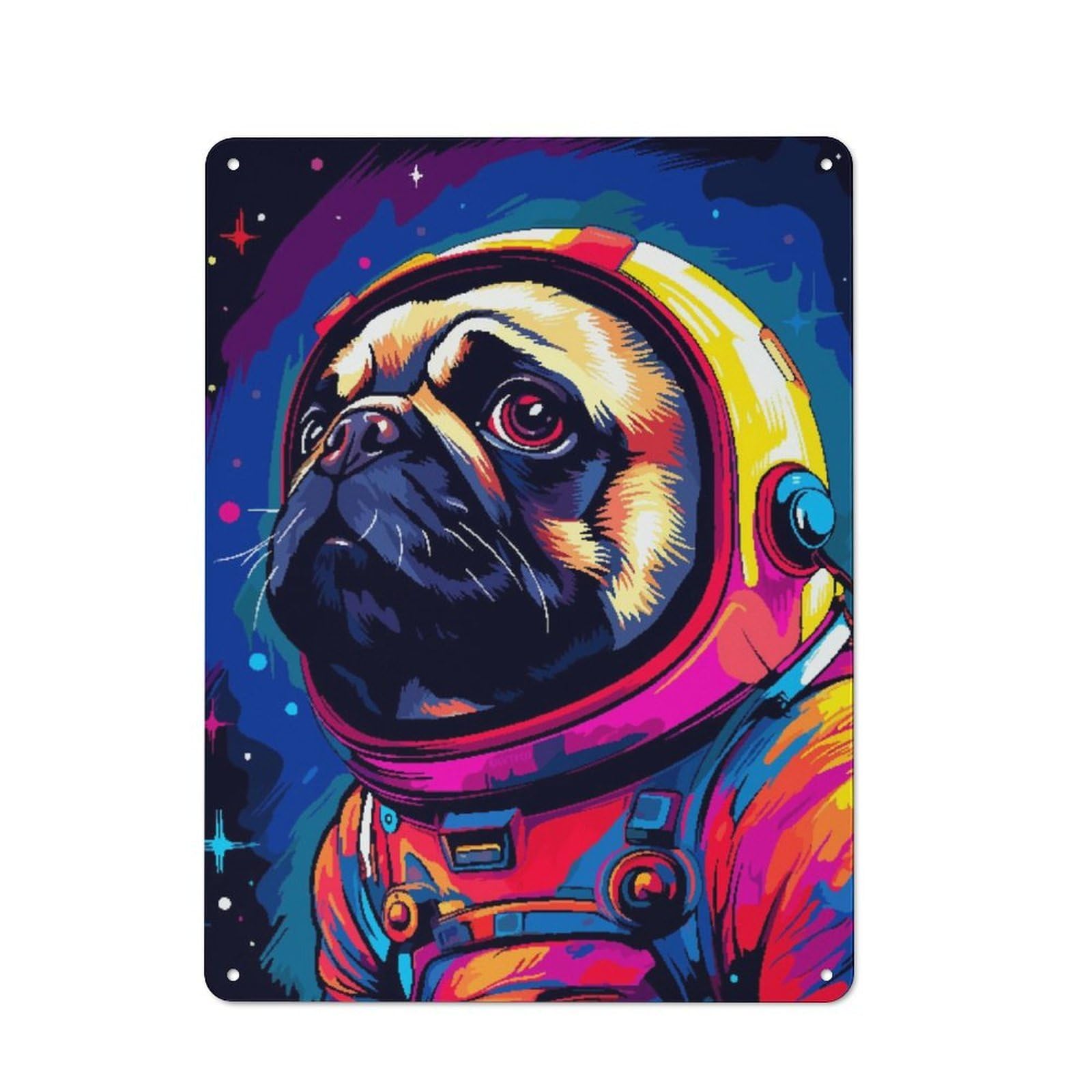 Junmoney Pug Spaceman Pixel Art Decorative Metal Plaque With Design 40X30cm, Casual Utility Space Decor For Patio Bar, Workshop, Shed Or Kitchen
