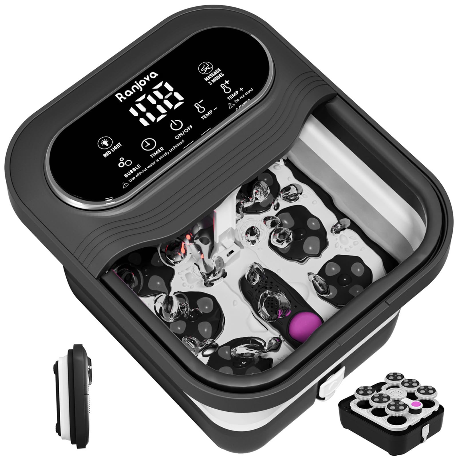 Ranjova Collapsible Foot Spa Electric Rotary Massage, Foot Bath with Heat,Temp Control, Bubble and Motorized Shiatsu Massage Balls, Pedicure Foot Spa Tub for Relax Tired Feet (Black）