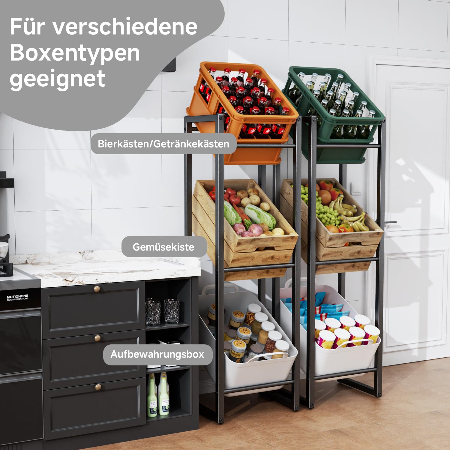 Schmales Getränkekistenregal 3 Kisten, 39x30x140 cm Stabiles Getränkeregal trag. 350KG, Platzsparendes Metall Wasserkistenregal Bierkistenregal mit Verstellbaren Füßen, Kistenregal für Küche, Bar