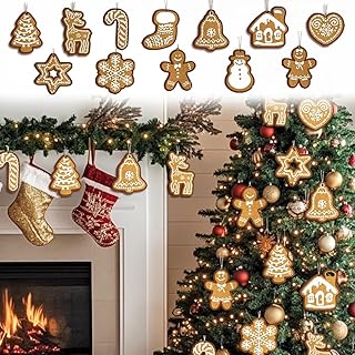 Vintage Christmas Ornaments Rustic Festive Decor Set with Gingerbread, Star, Heart, Bell, Snowman, Stocking, Moose, Candy Cane - for Thanksgiving Halloween Holiday Decorations（12Pcs）