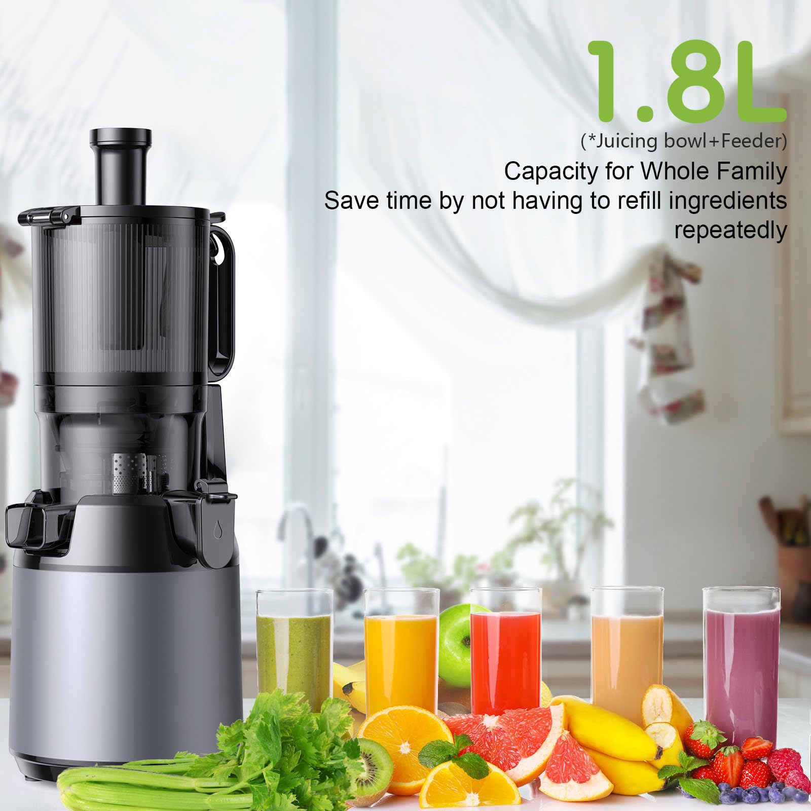 Exprimidor de prensa en frío lento, canal de alimentación de 130 mm de ancho, exprimidor eléctrico lento, para frutas y verduras enteras, fácil de limpiar