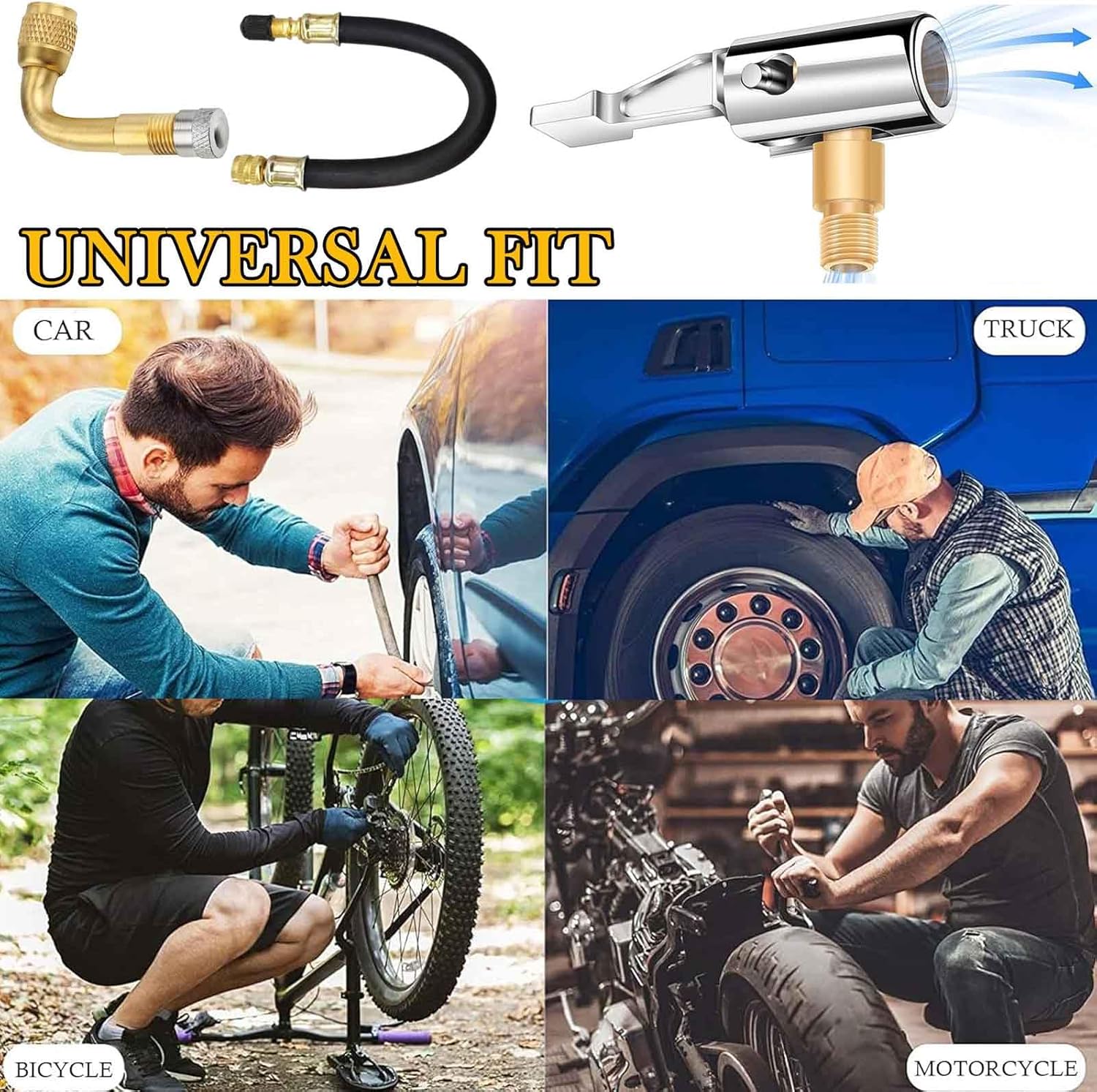 5 Pcs Tire Valve Extension, 8.25 Inch Flexible Valve Stem Extenders, 90 Degree Brass Tire Valve Extension Adaptors with Tire Inflator Hose Adapter Compatible for RV Bike Motorcycle Car