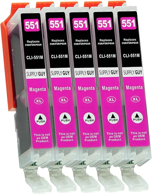 5 Ink Cartridges compatible with Canon CLI-551 Magenta with Chip and Level Indicator for IP7250 IP8750 IX6850 MG5450 MG5550 MG5650 MG5655 MG6350 MG6450 MG6650 MG7150 MG7550 MX725 MX925