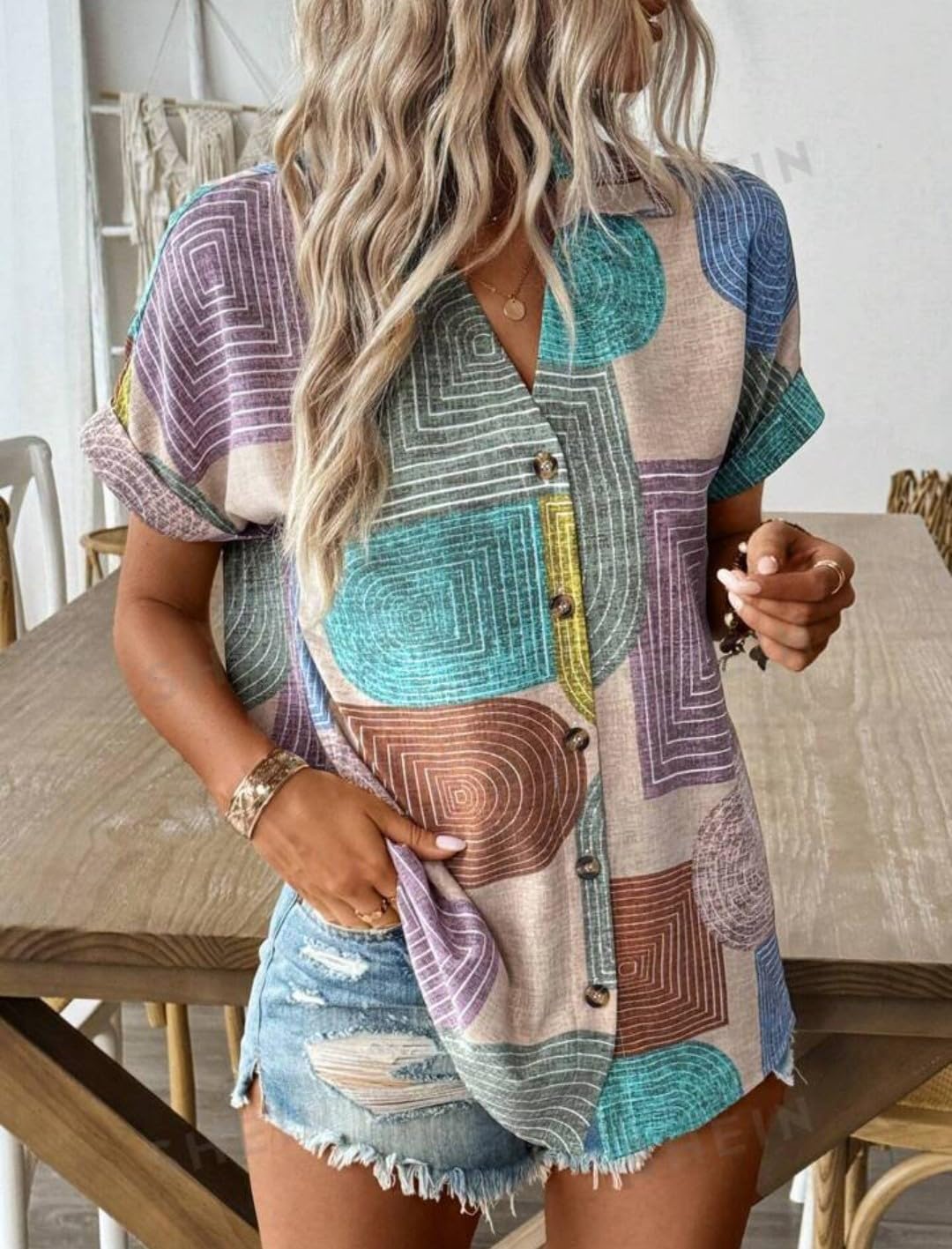 Gufrina Women's Colorful Abstract Geometric Print Shirt, Half Sleeve, Collar Neck, Casual Button-Up Top, Rayon Fabric (Beige XXL) 4
