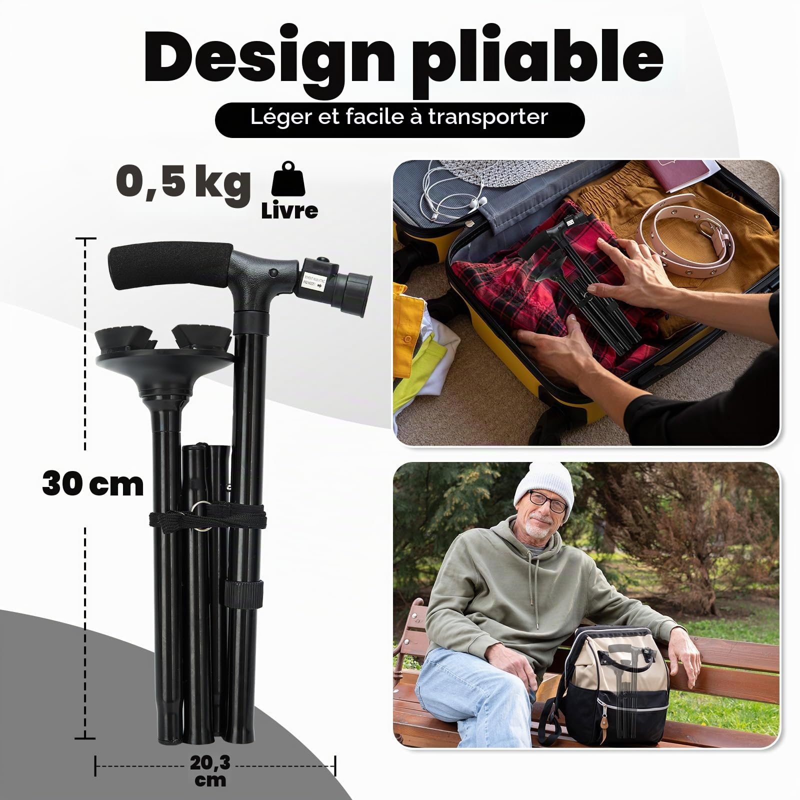 Canne de Marche Pliante avec Lumière LED, Ohuhu Bâton de Marche Hauteur Réglable pour Homme et Femme, Personnes Âgées, Pliable Portable, avec Coussin en T et Base pivotante, Sac de Transport