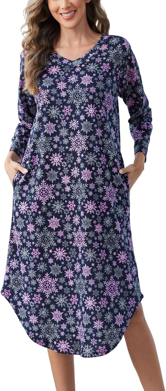 PNAEONG Nightgowns for Women Cotton Long Sleeve Nightshits V Neck Sleepwear