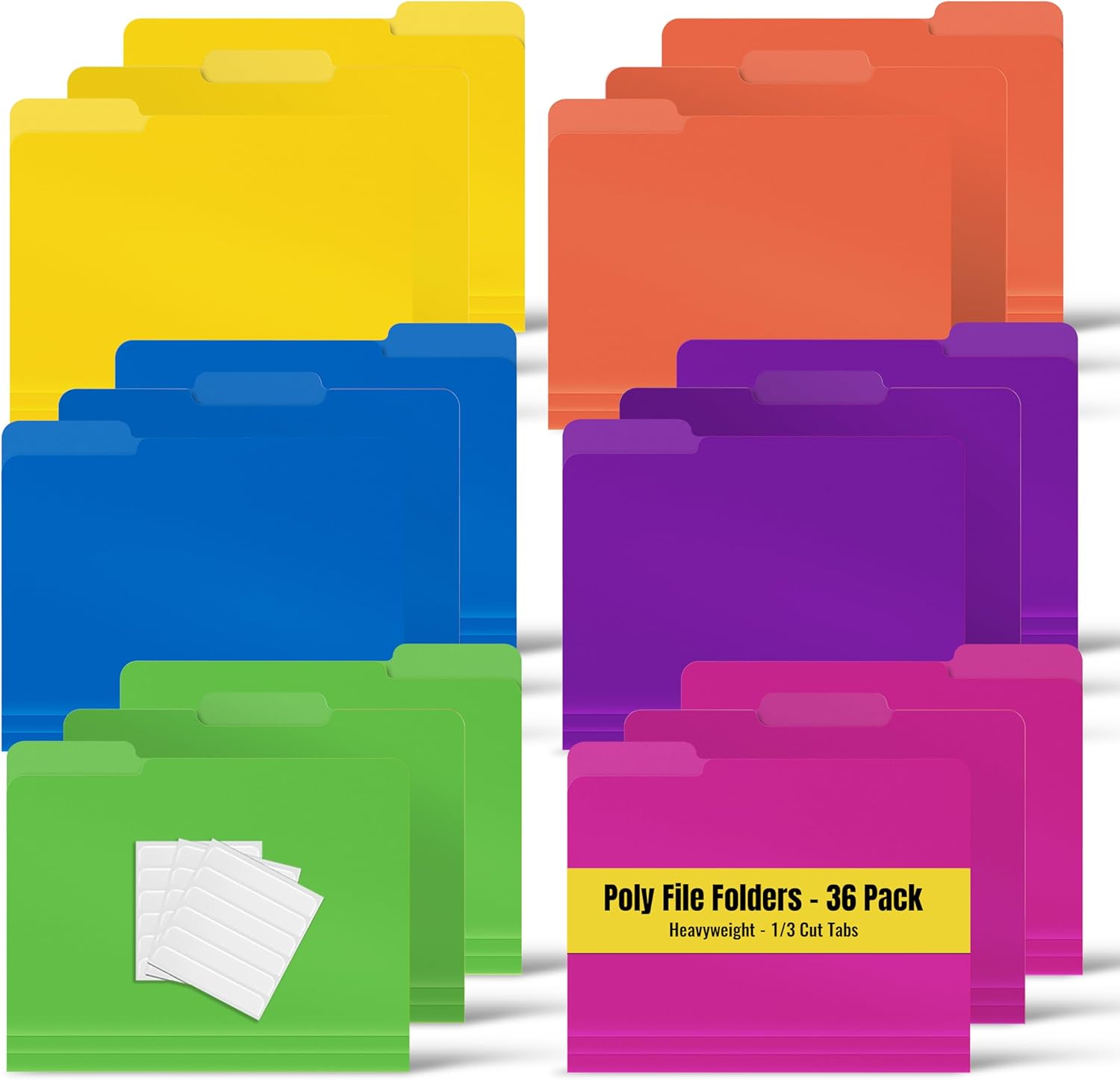 Better Office Products Heavyweight Poly File Folders, 1/3 Cut Tabs, 36 Pack, Assorted Colors, Letter Size, with Adhesive Labels,
