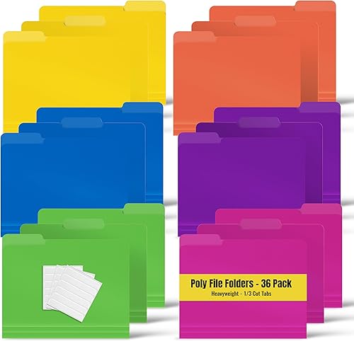 Better Office Products Carpetas de archivos de polietileno pesadas, pestañas de corte de 1/3, paquete de 36, colores surtidos, tamaño carta, con