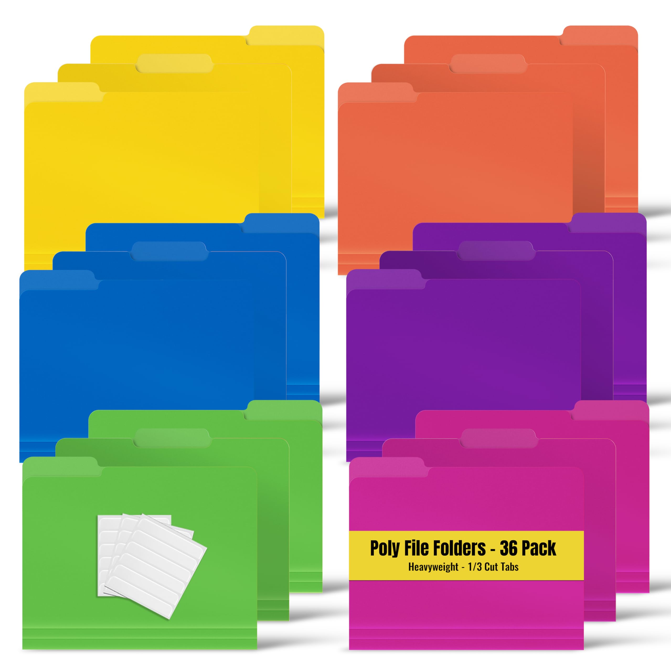 Better Office Products Heavyweight Poly File Folders, 1/3 Cut Tabs, 36 Pack, Assorted Colors, Letter Size, with Adhesive Labels,