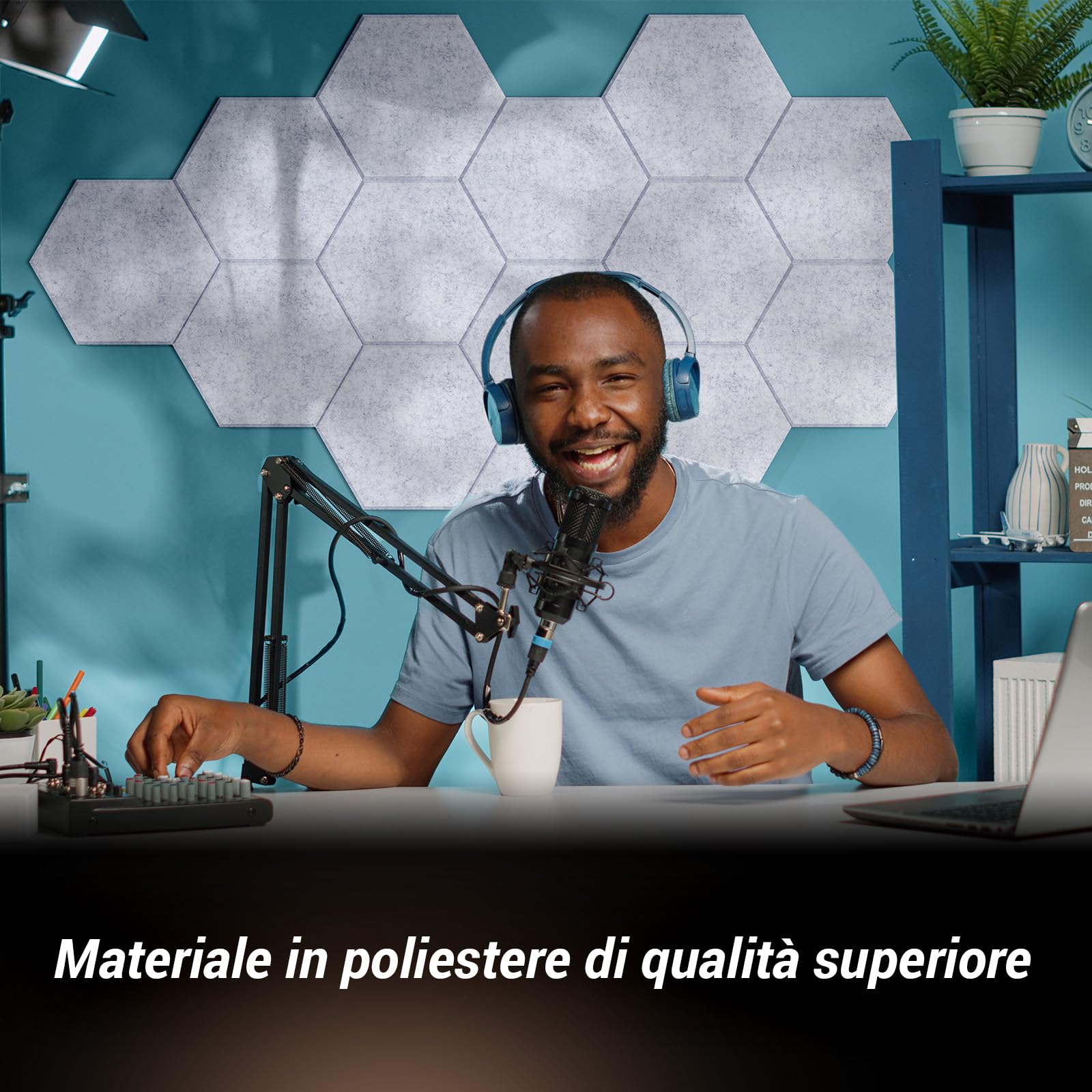 TONOR 48 Pezzi Pannelli Fonoassorbenti Adesivi, 30 X 26 X 1cm Pannelli Acustici Ad Alta Densità, Pannello a muro 3D Fonoassorbente Esagonale, Insonorizzazione Stanza Per Studio, Da Letto,Grigio Chiaro