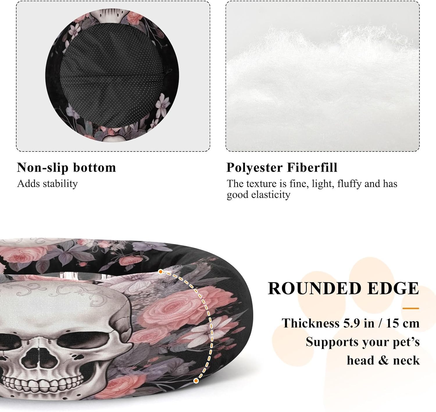 Dog Bed Ultra Soft Fluffy Comfortable Cat Bed, Flowers Skull Washable Dog Beds Anti-Slip Round Pet Beds for Medium Dogs